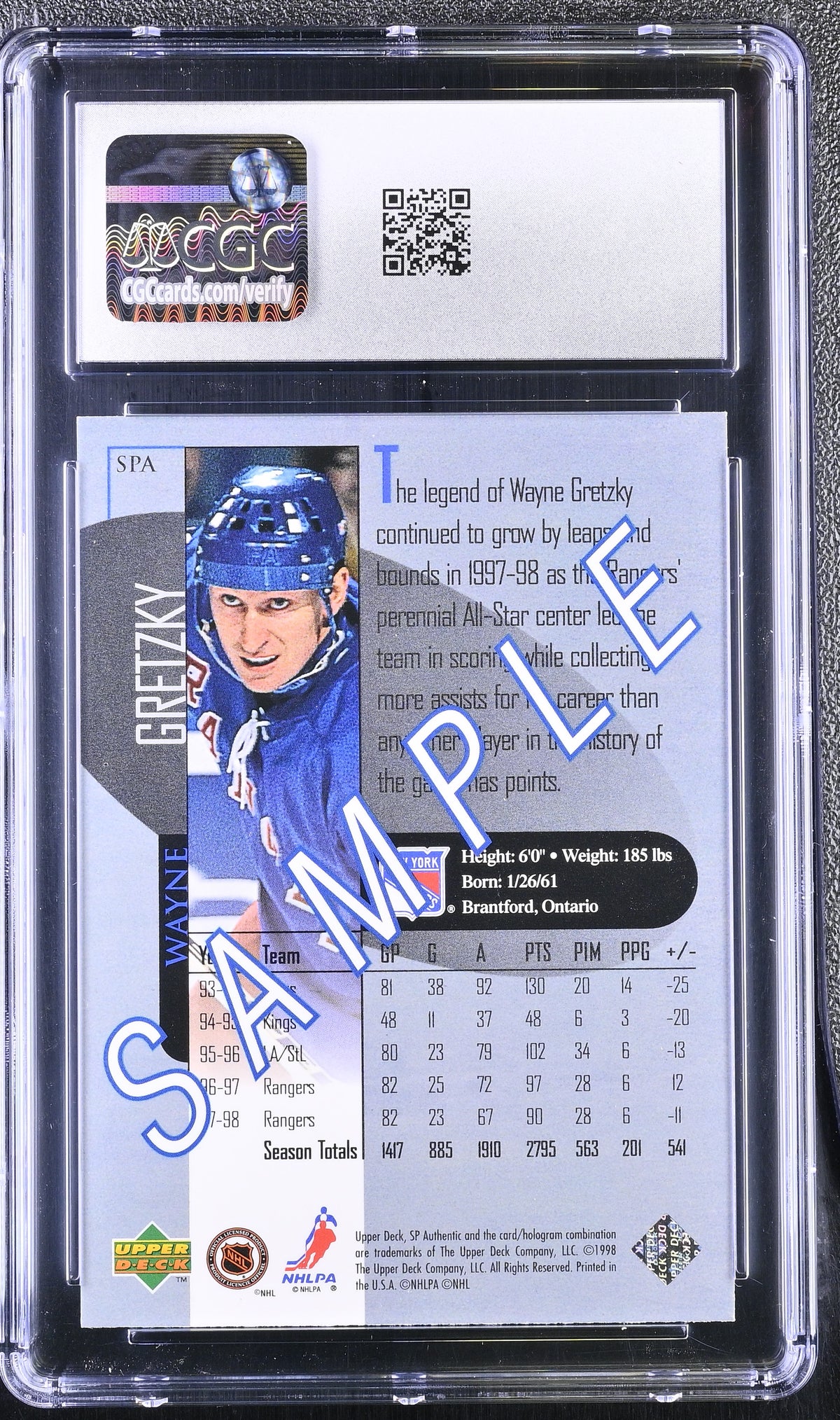 1998-99 SP Authentic Wayne Gretzky Sample #SPA CGC 10 New York Rangers