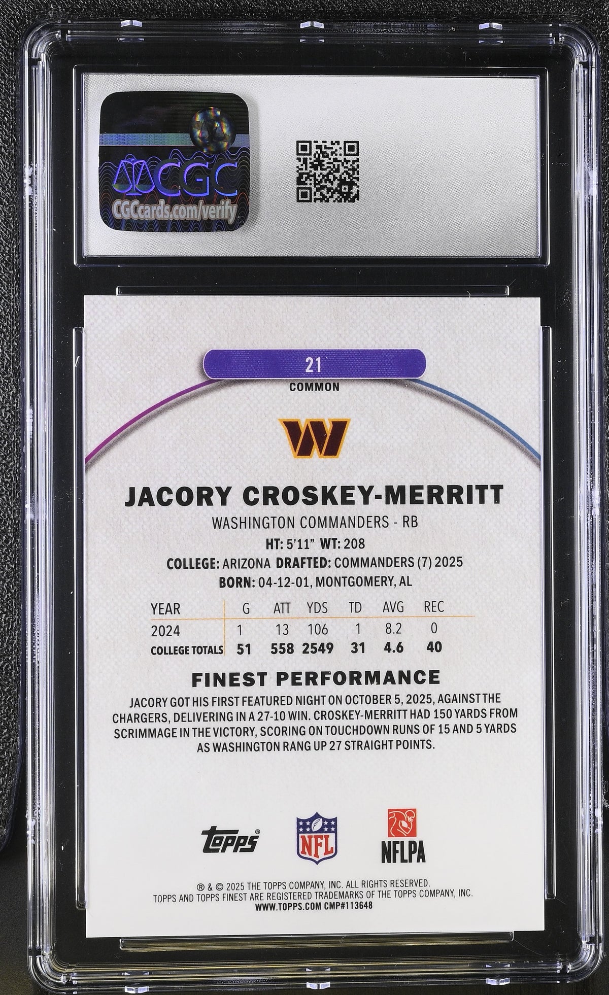 2025 Topps Finest Jacory Croskey-Merritt Purple Refractor /150 Rookie #21 CGC 10