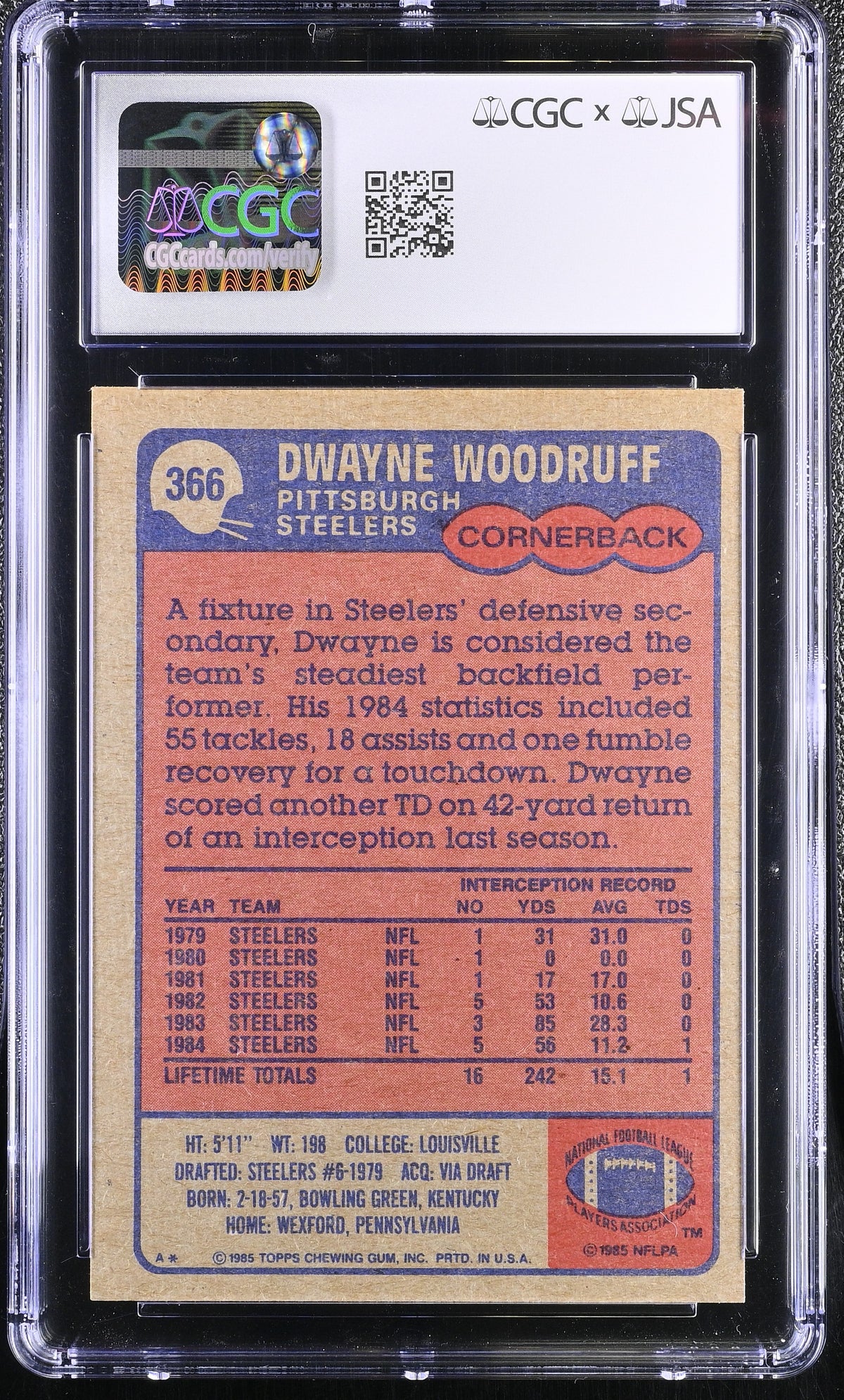 1985 Topps Dwayne Woodruff Auto #366 CGC 7 JSA Pittsburgh Steelers