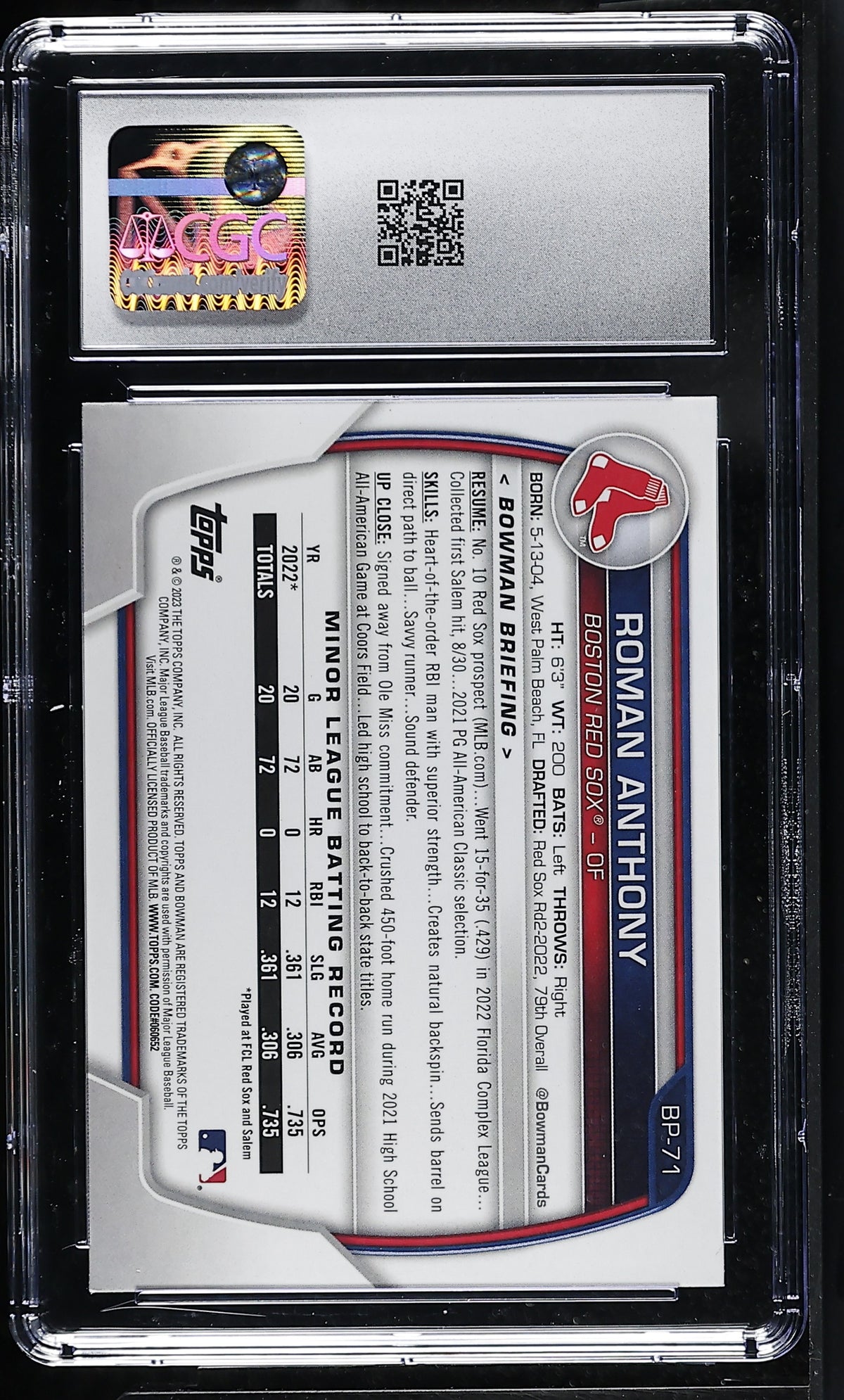2023 Bowman Roman Anthony Rookie Prospects #BP-71 CGC 10 Boston Red Sox