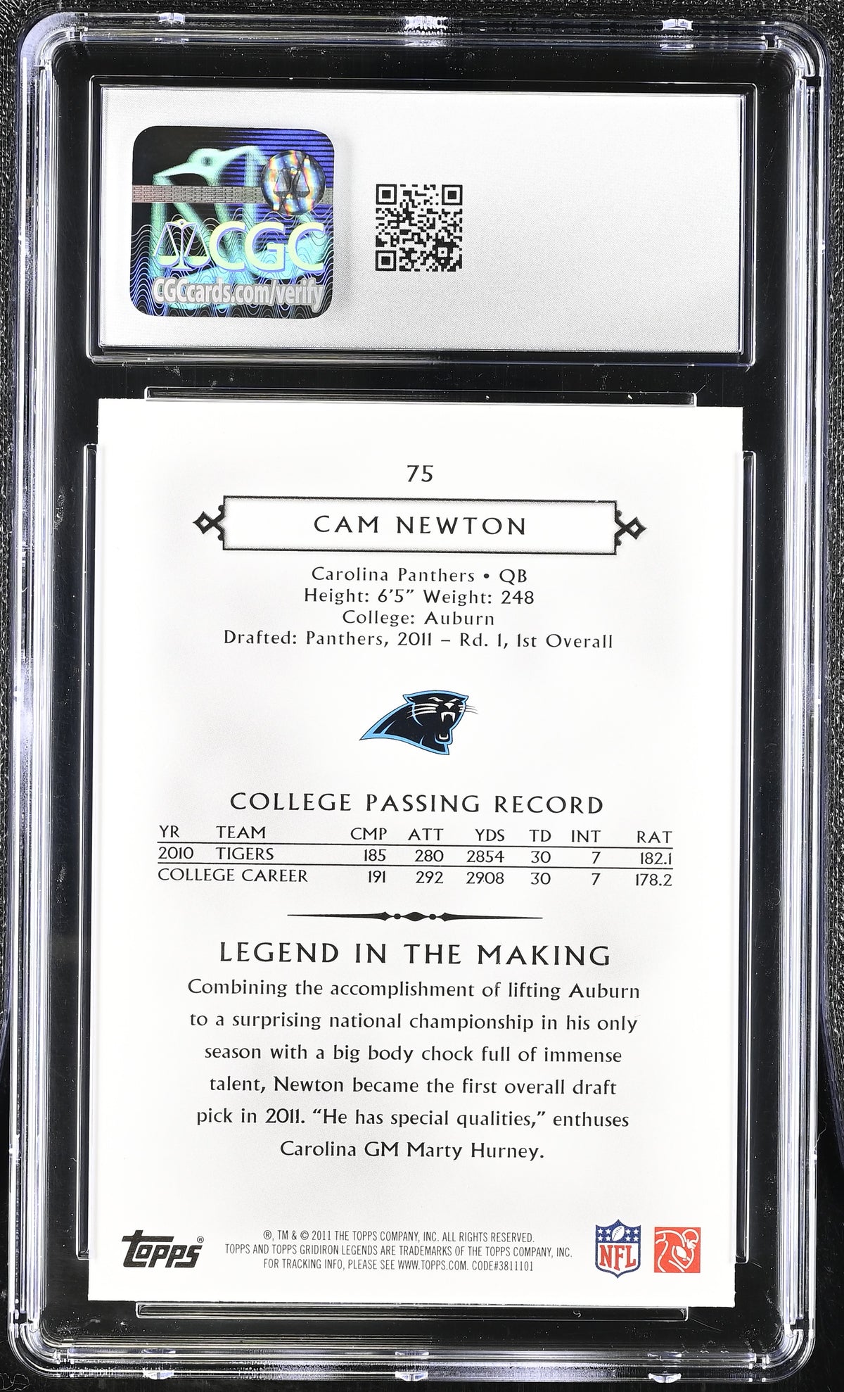 2011 Topps Legends Cam Newton Rookie #75 CGC 10 Carolina Panthers