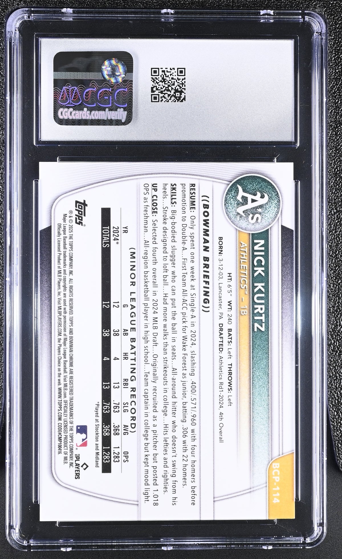 2025 Bowman Nick Kurtz Blue Geometric Refractor /150 Chrome #BCP-114 CGC 10