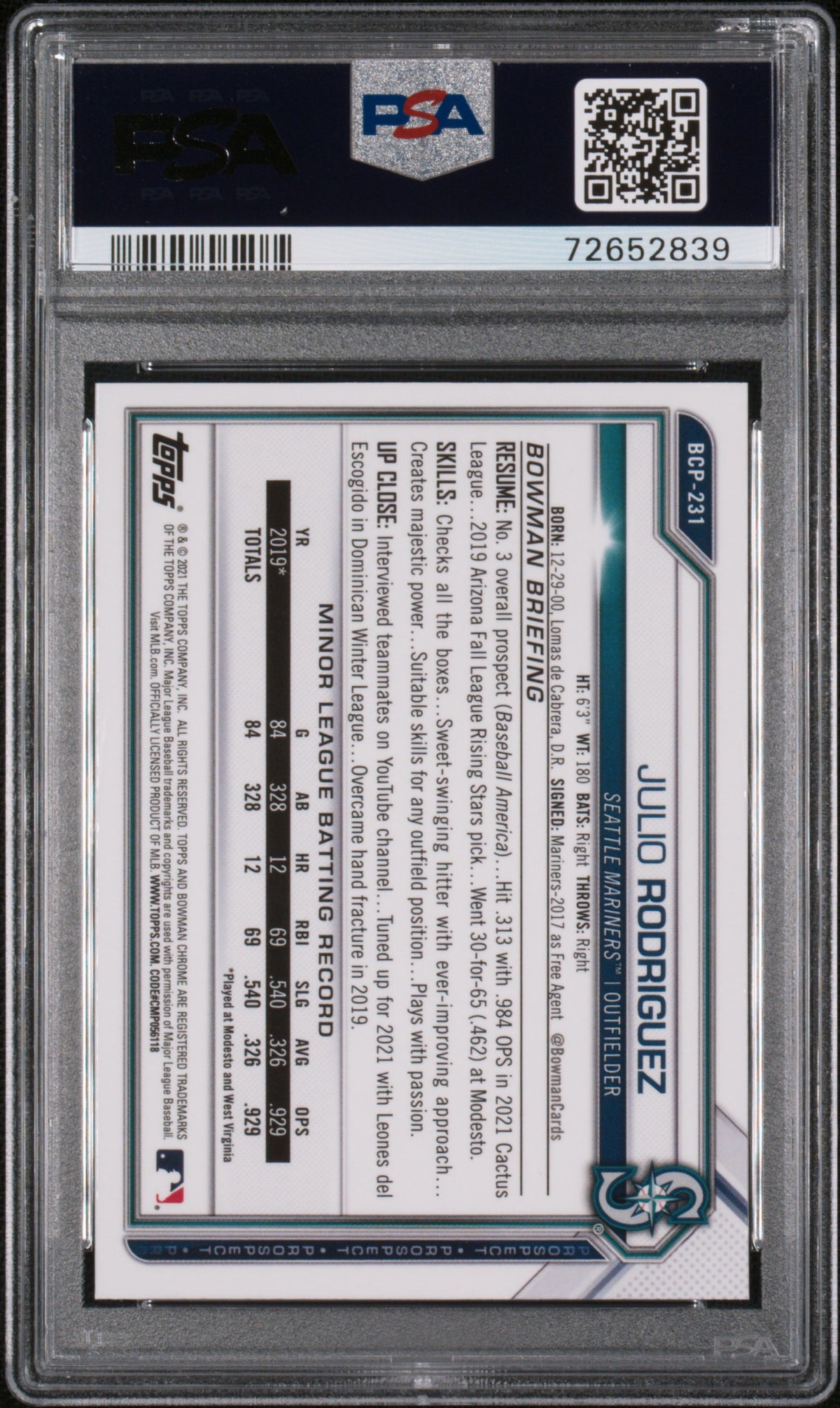 2021 Bowman Chrome Sapphire Julio Rodriguez Rookie #BCP231 PSA 10 Mariners