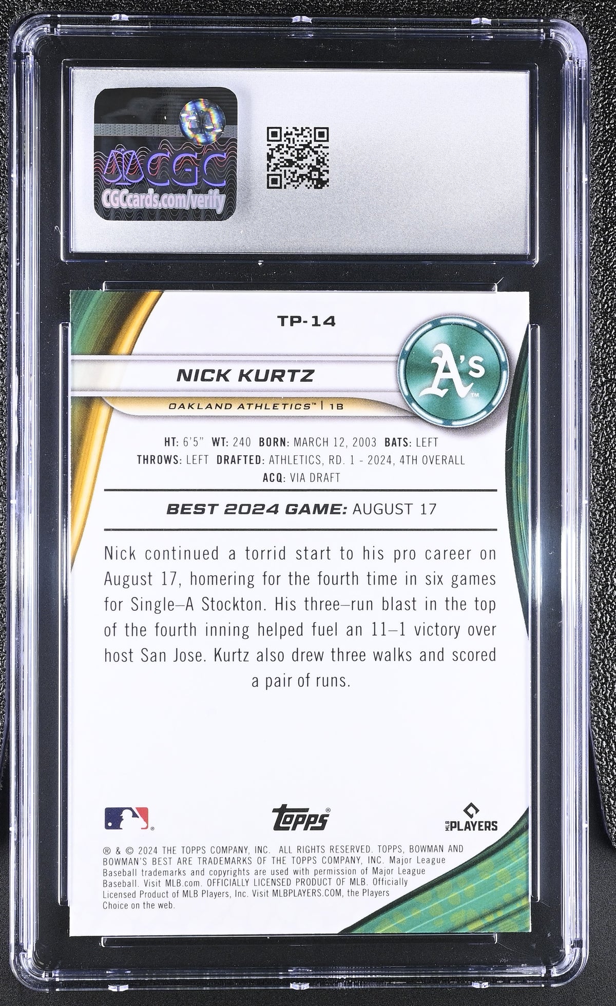 2024 Best Nick Kurtz Mini-Diamond Refractor /299 Rookie Prospects #TP-14 CGC 10