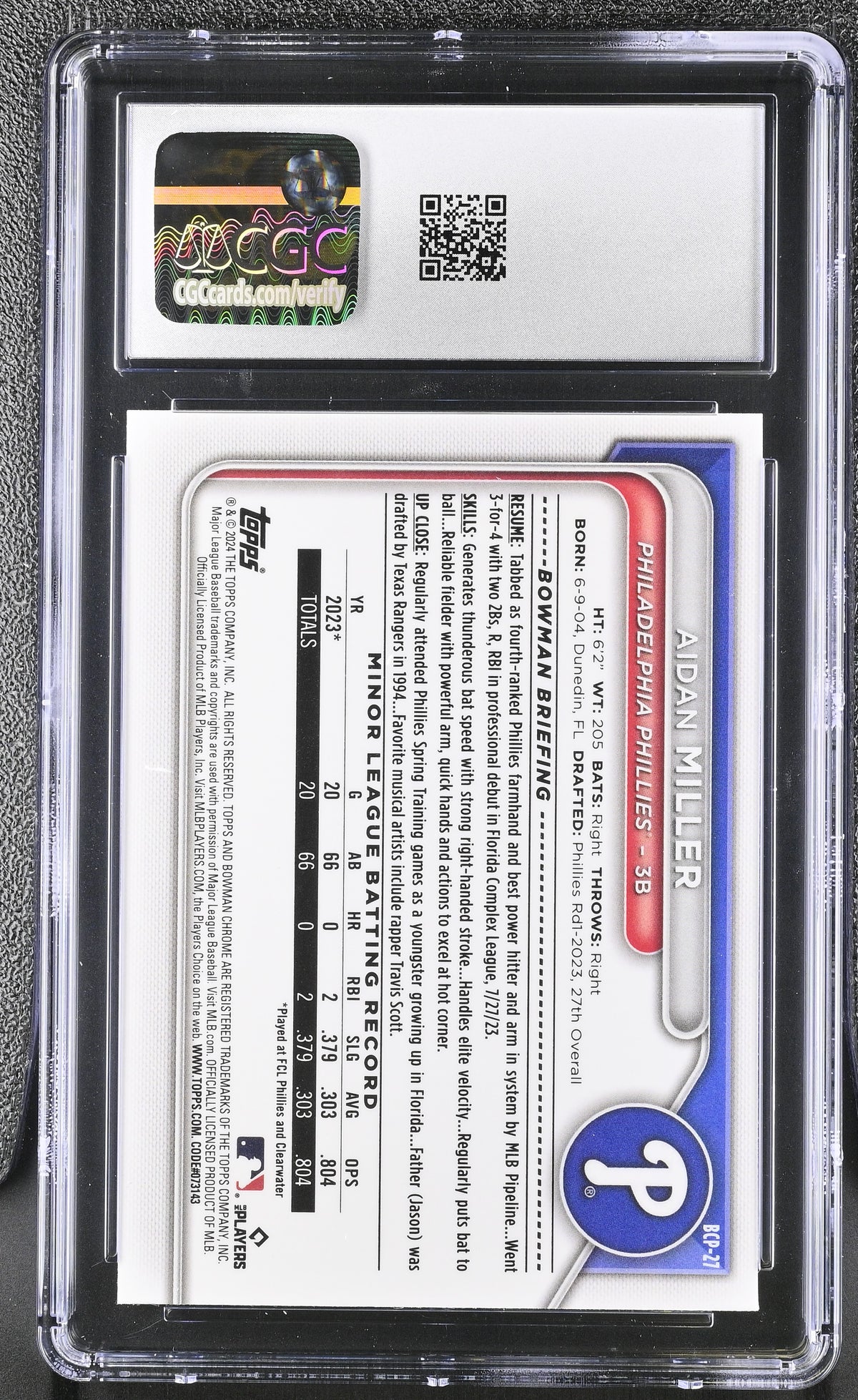 2024 Bowman Aidan Miller Rookie Chrome Prospects #BCP-27 CGC 9.5 Phillies