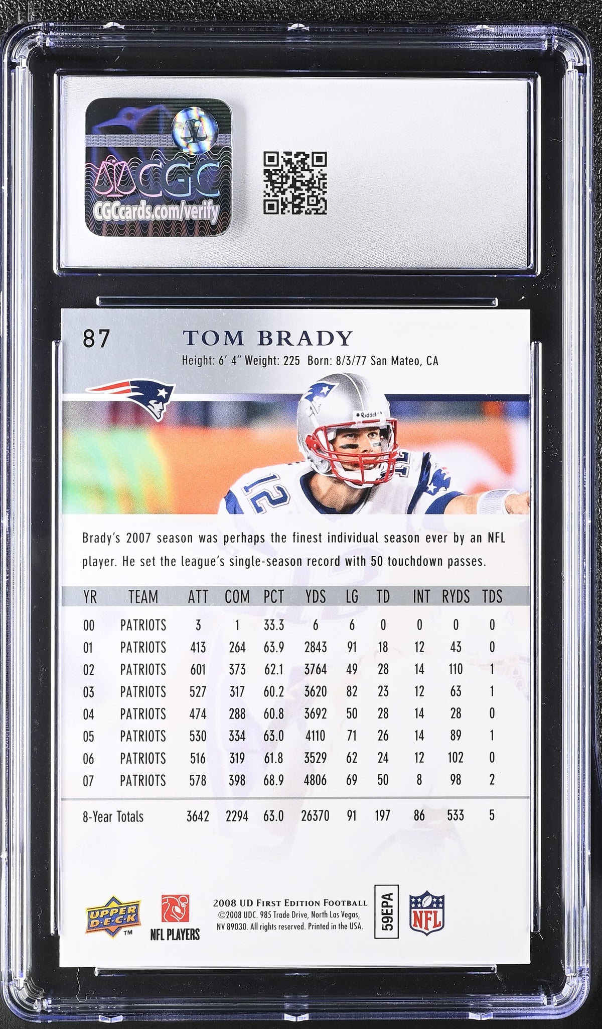 2008 Upper Deck First Edition Tom Brady #87 CGC 9.5 New England Patriots