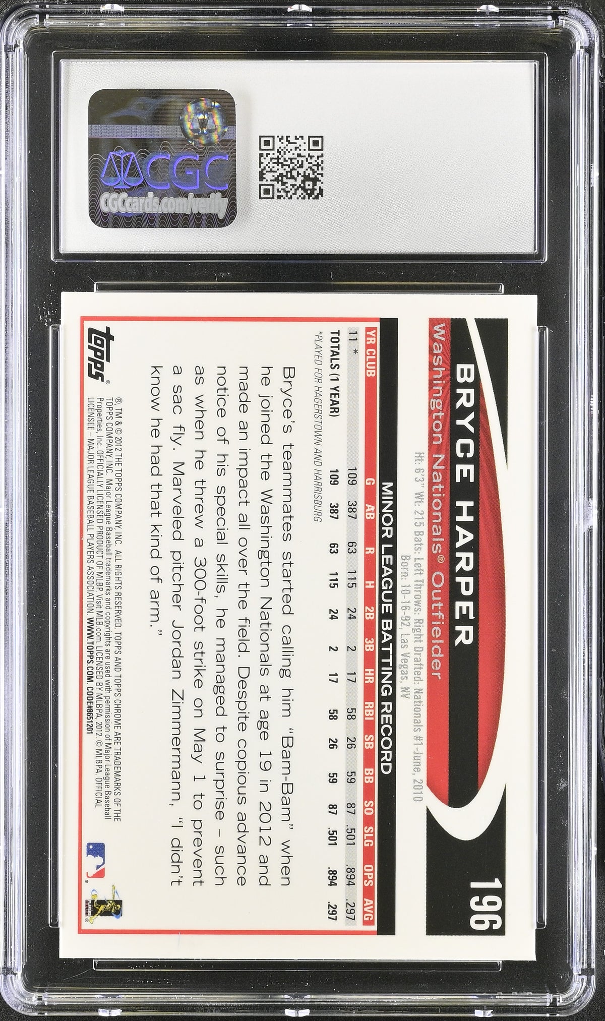 2012 Topps Chrome Bryce Harper Rookie #196 CGC 9 Washington Nationals
