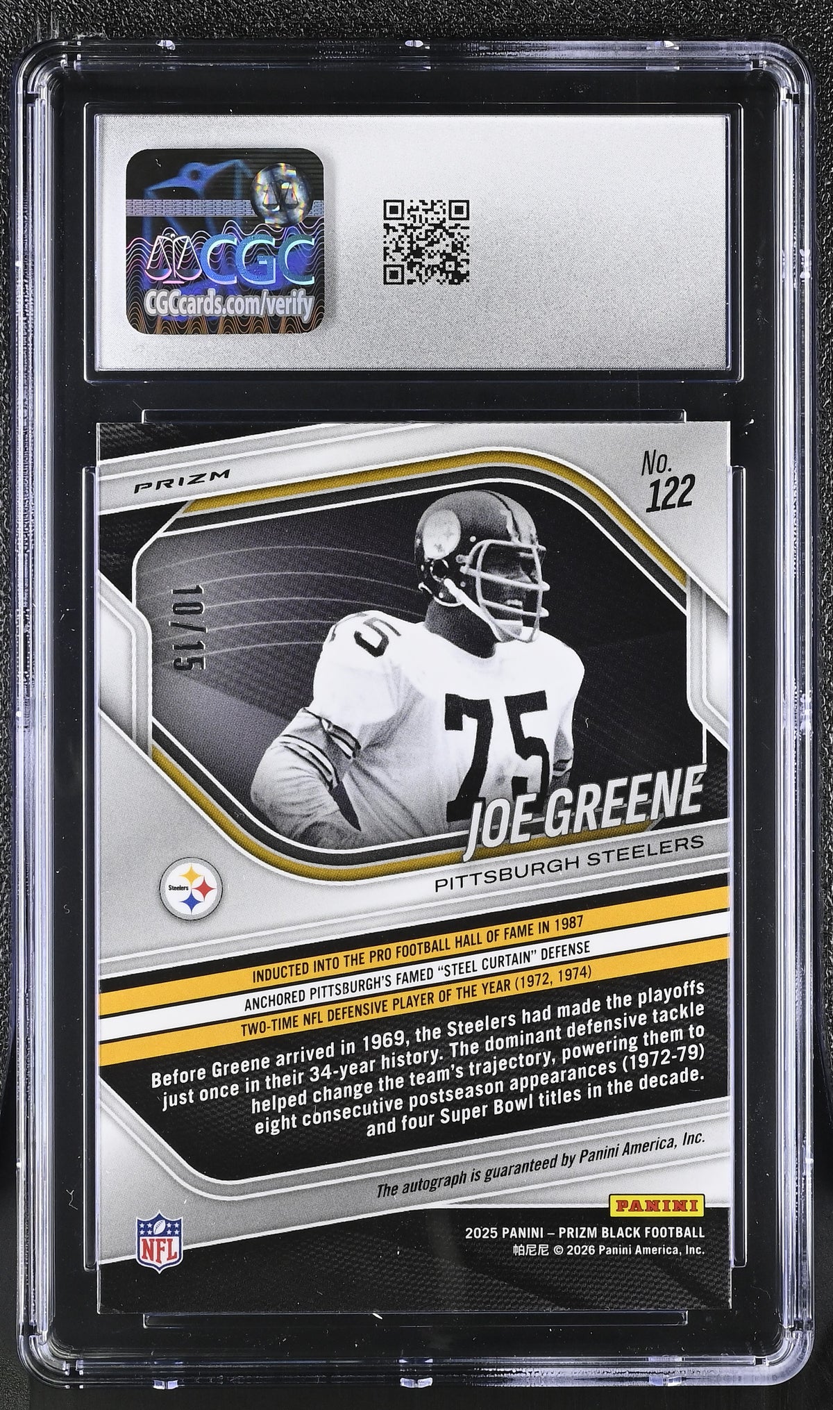 2025 Prizm Black Joe Greene Blue Shimmer FOTL /15 Auto #122 CGC 10 Steelers