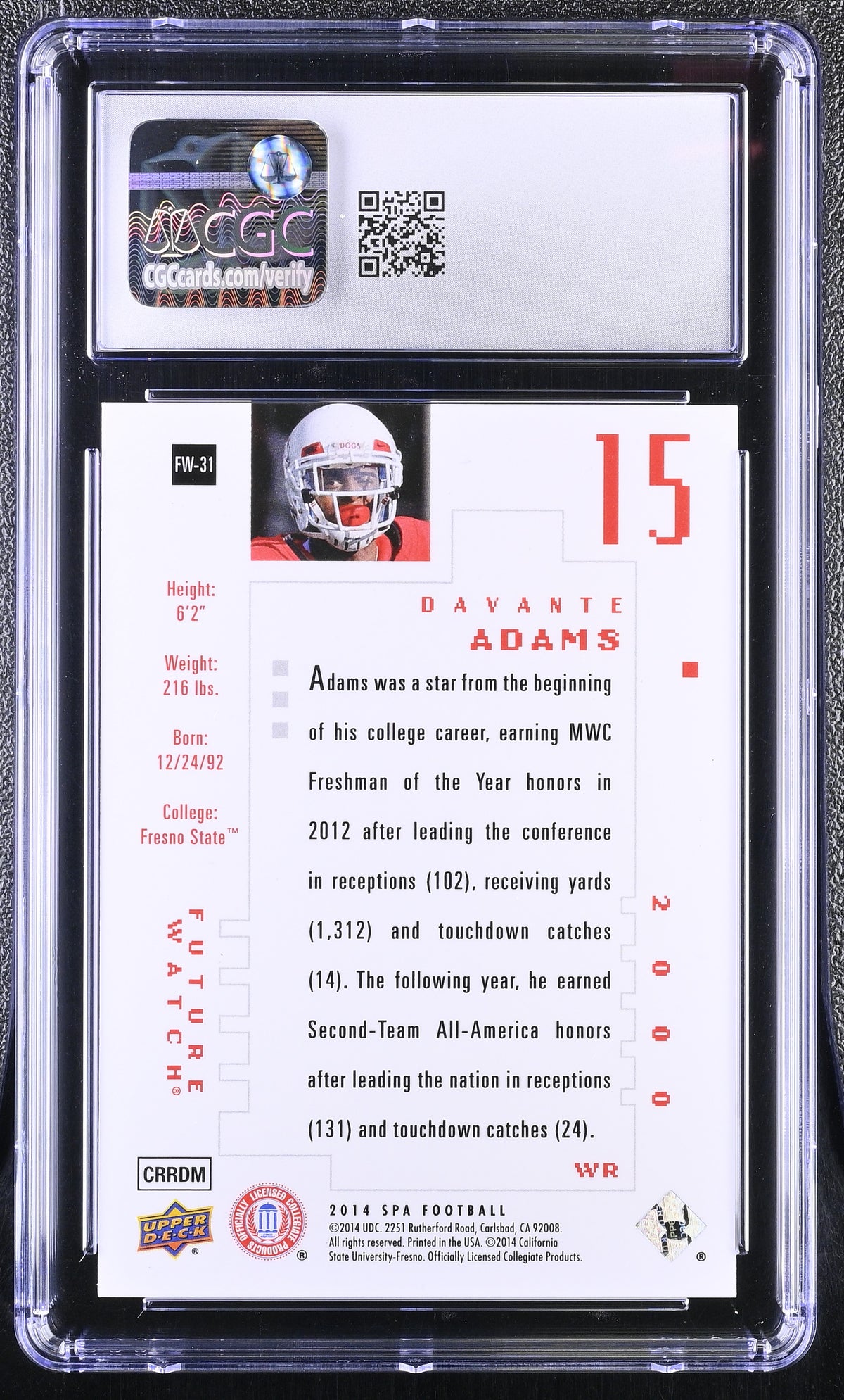 2014 SP Authentic Davante Adams /999 Rookie Future Watch CGC 10 Fresno State