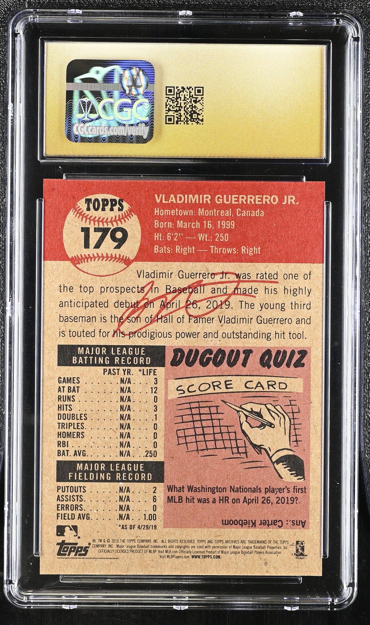 2019 Topps Living Set Vladimir Guerrero Jr. Rookie 179 CGC 10 Pristine Blue Jays