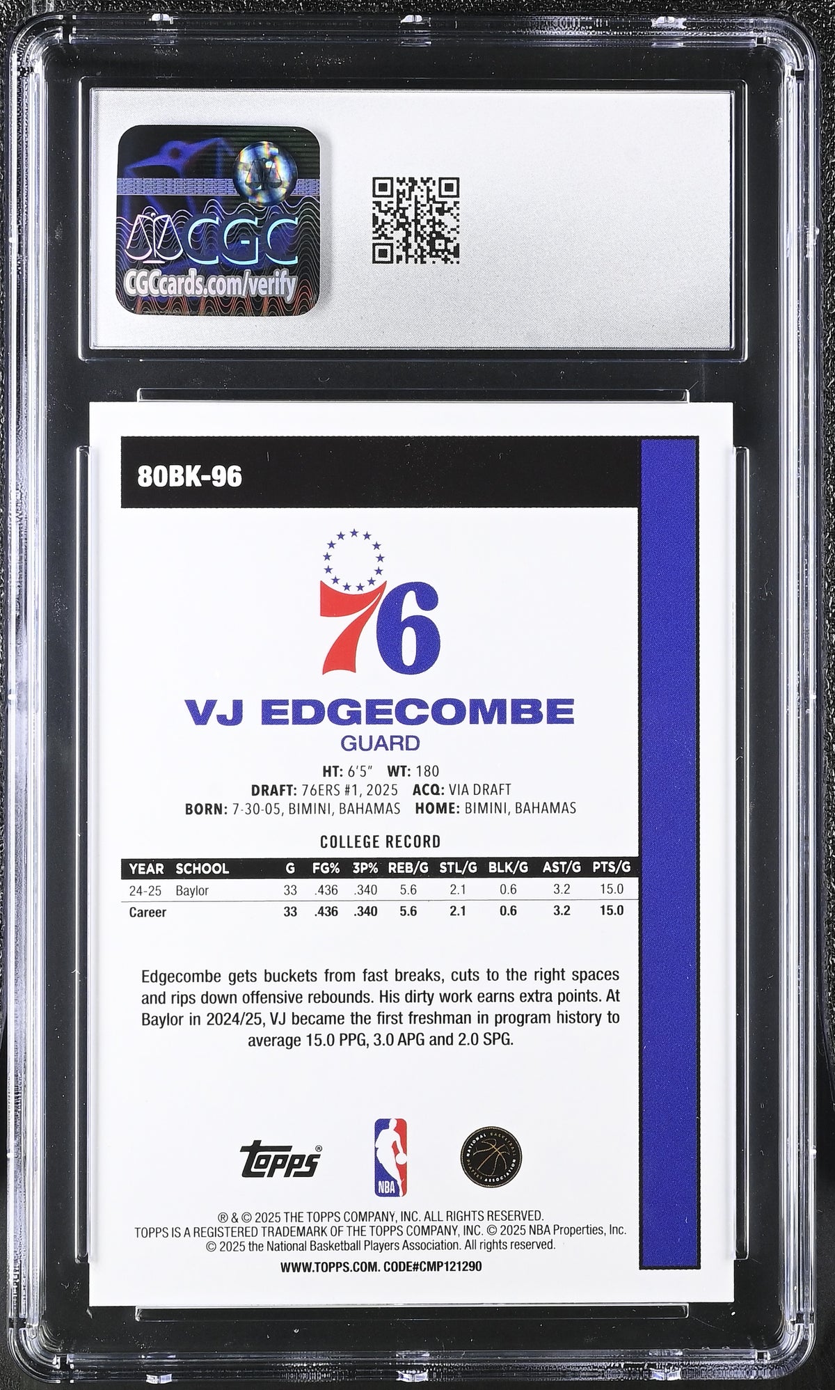 2025-26 Topps VJ Edgecombe Rookie '80-81 Topps #80BK-96 CGC 9.5 76ers