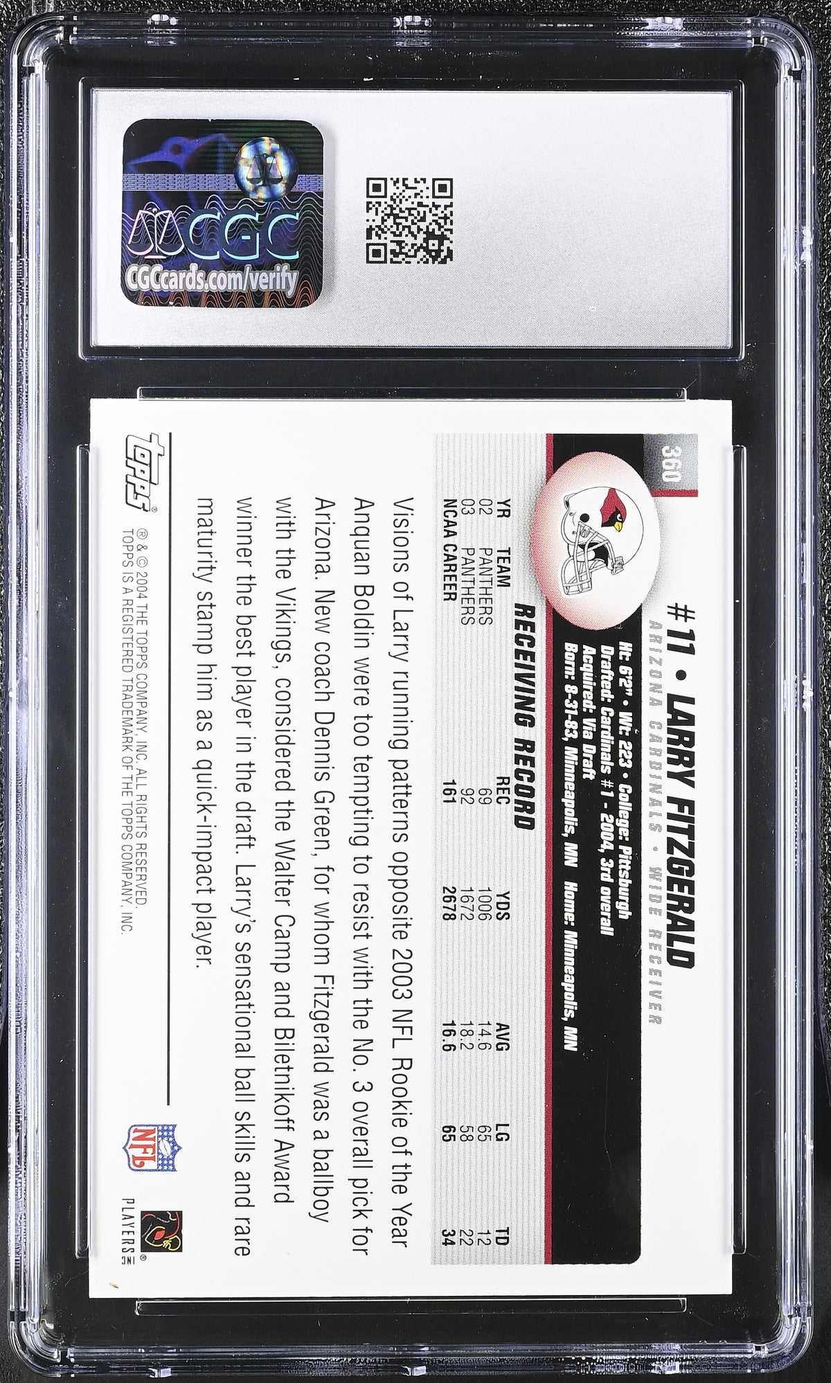 2004 Topps Larry Fitzgerald Rookie #360 CGC 9 Arizona Cardinals