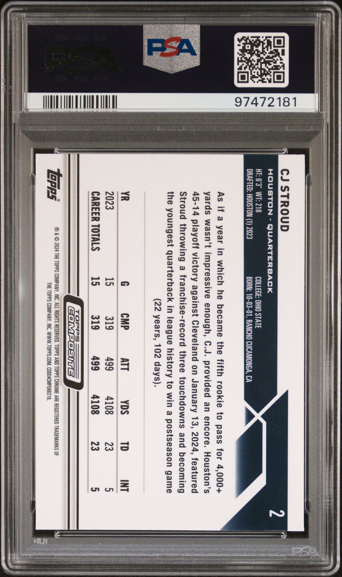 2023 Topps Composite CJ Stroud Divergent Refractor Rookie #2 PSA 9 Texans