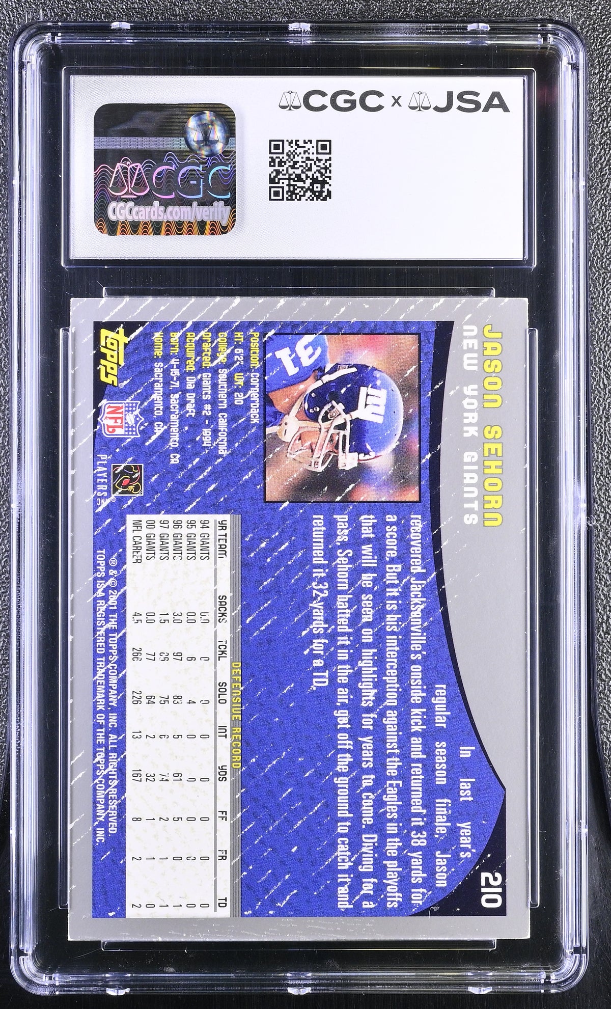 2001 Topps Jason Sehorn Topps Collection #210 CGC Authentic JSA
