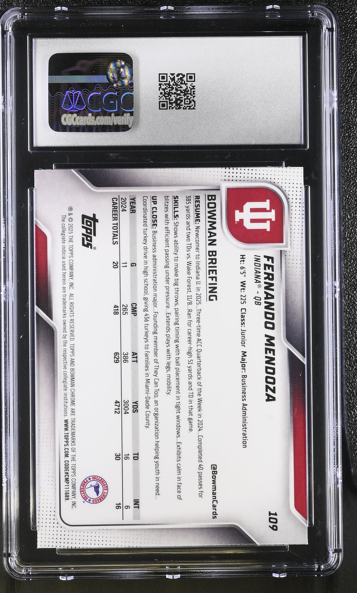 2025 Bowman University Chrome Fernando Mendoza Rookie #109 CGC 9 Indiana