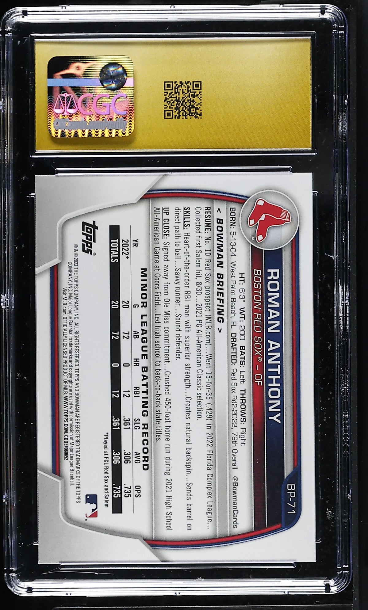 2023 Bowman Roman Anthony Rookie Prospects #BP-71 CGC 10 Pristine Red Sox