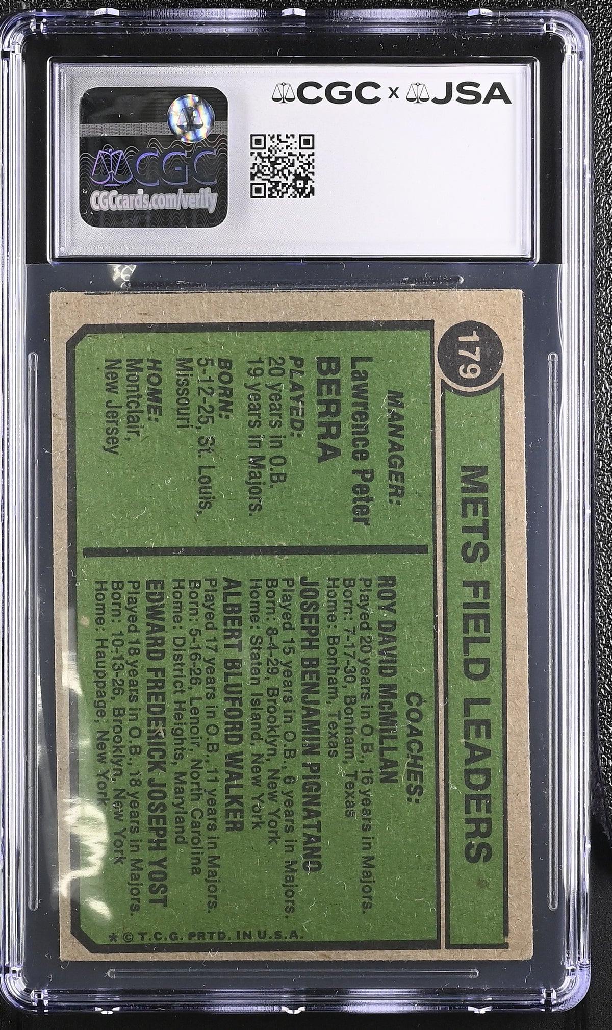 1974 Topps Yogi Berra Auto Autograph #179 CGC Authentic JSA New York Mets