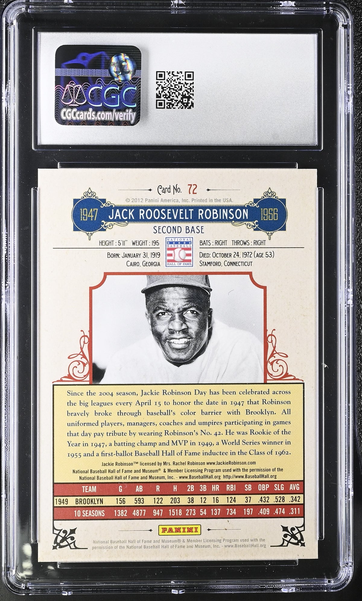 2012 Panini Cooperstown Jackie Robinson Crystal Collection /299 72 CGC 9 Dodgers