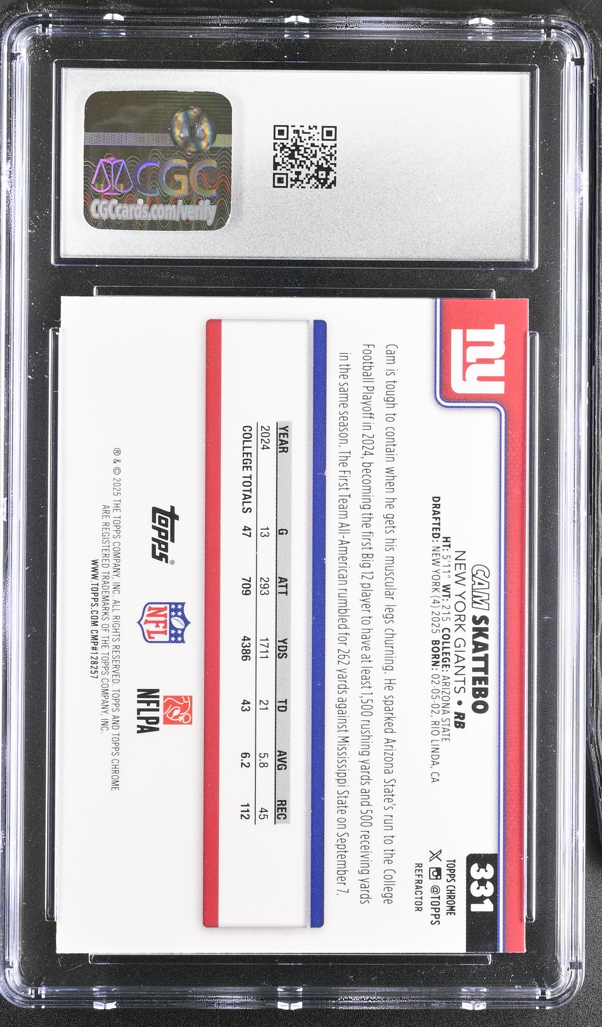2025 Topps Chrome Cam Skattebo Refractor Rookie #331 CGC 10 New York Giants