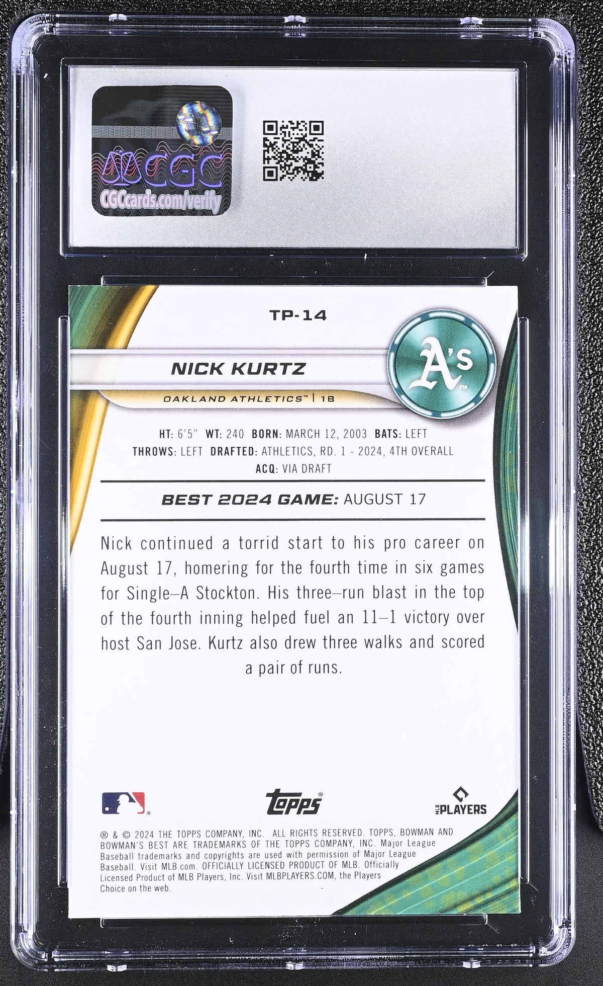 2024 Best Nick Kurtz Purple Mojo Refractor /250 Rookie Prospects #TP-14 CGC 10