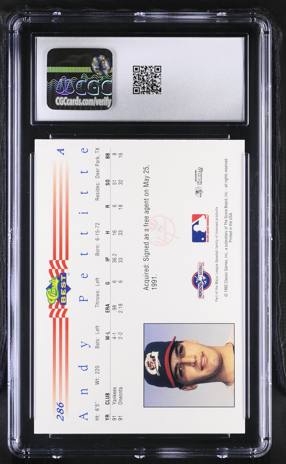 1992 Classic Best Andy Pettitte Rookie #286 CGC 9 Greensboro Hornets