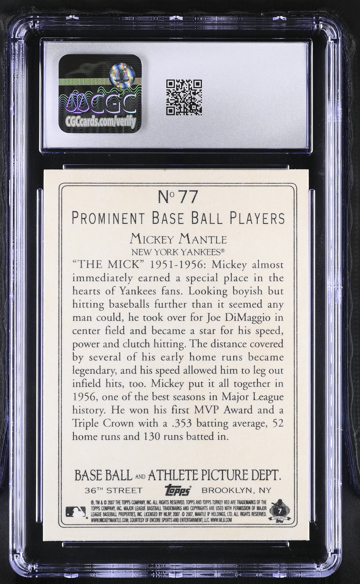 2007 Topps Turkey Red Mickey Mantle #77 CGC 9 New York Yankees