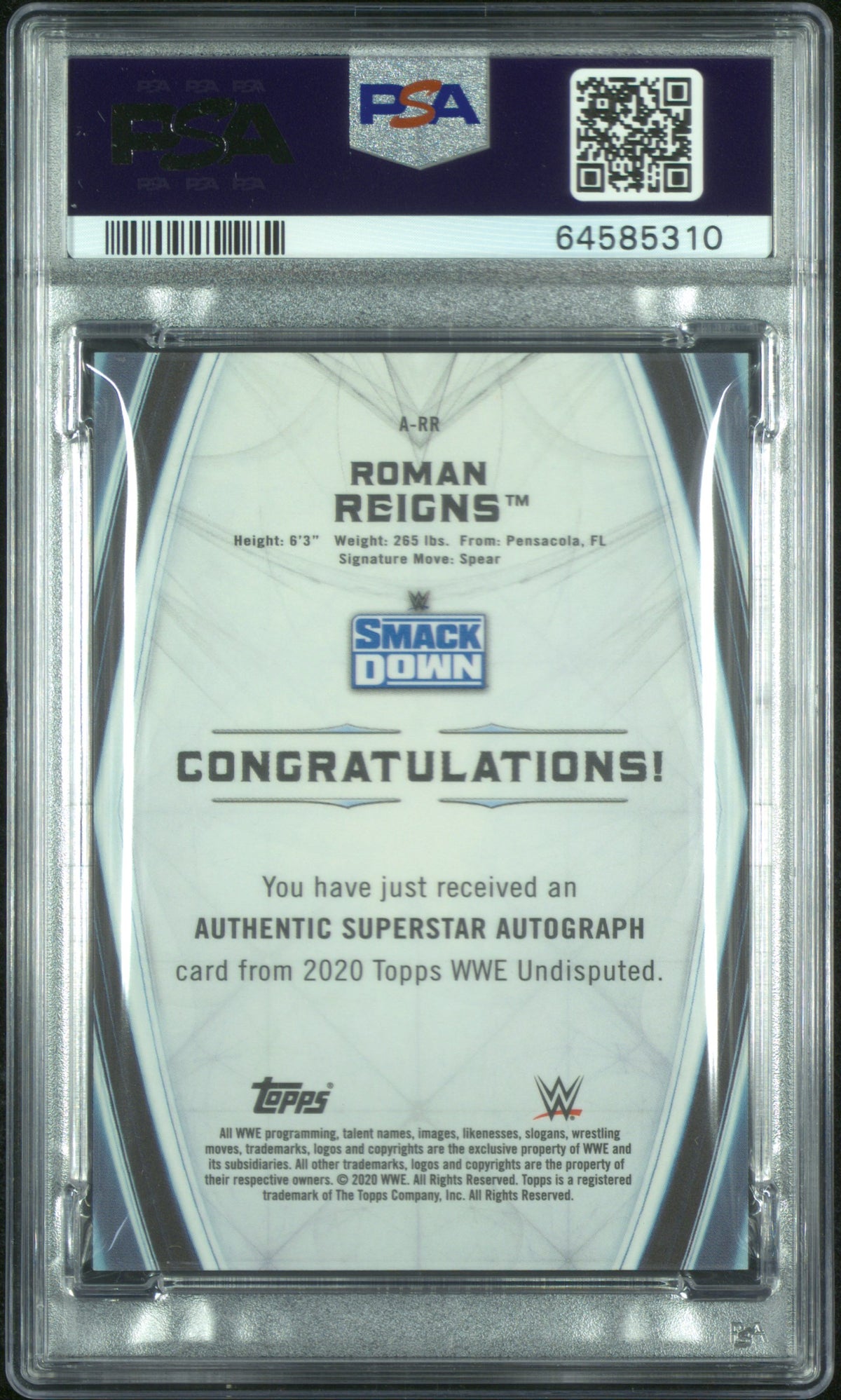 2020 Topps WWE Undisputed Autographs Roman Reigns /199 #ARR PSA 9
