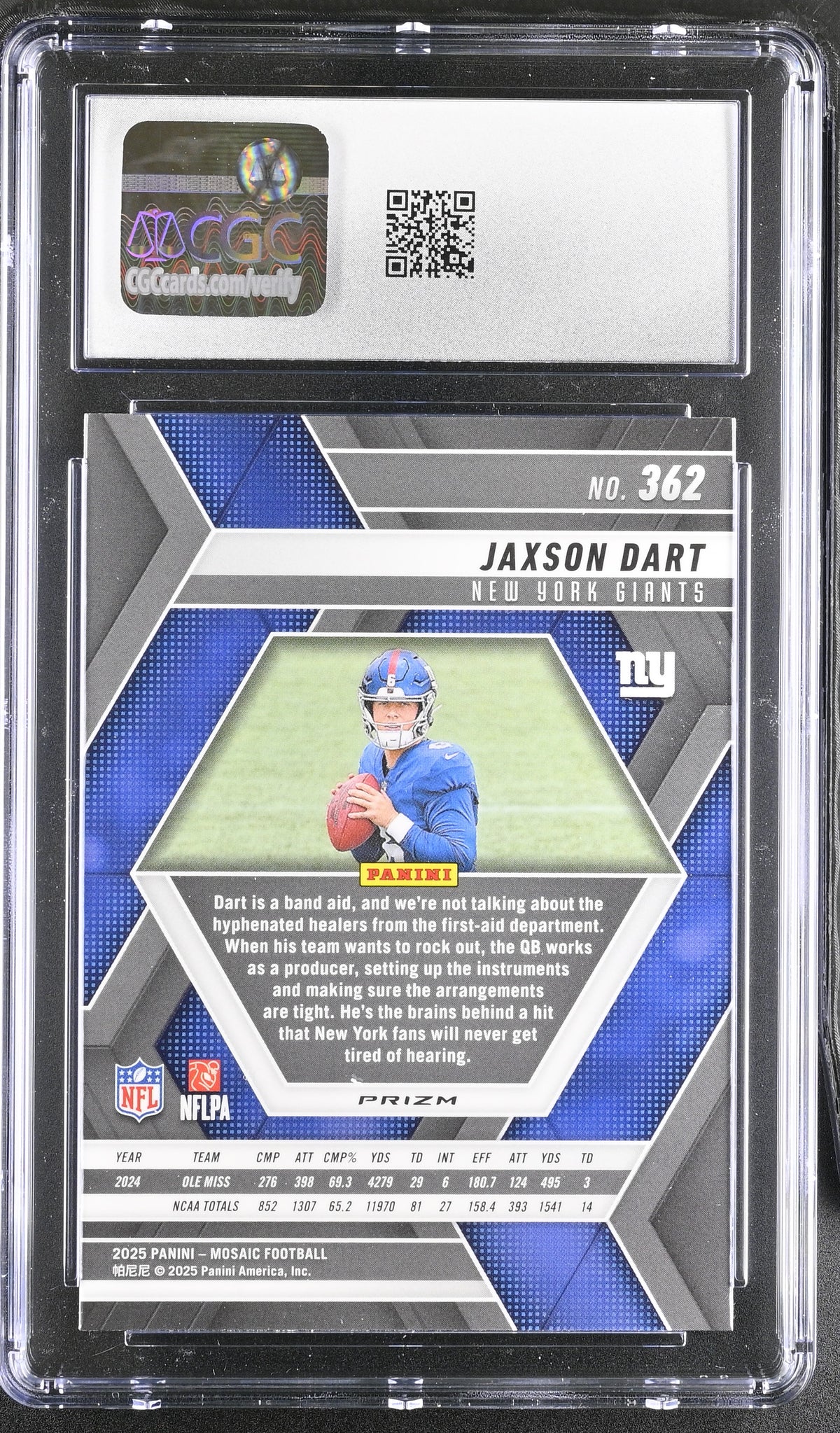 2025 Panini Mosaic Jaxson Dart Reactive Purple Rookie #362 CGC 9 New York Giants