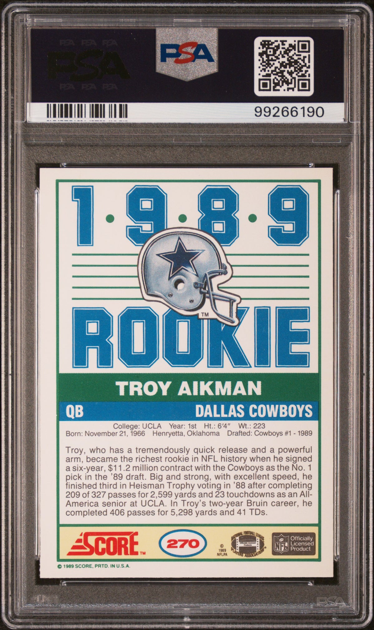 1989 Score Troy Aikman Rookie #270 PSA 8 Dallas Cowboys