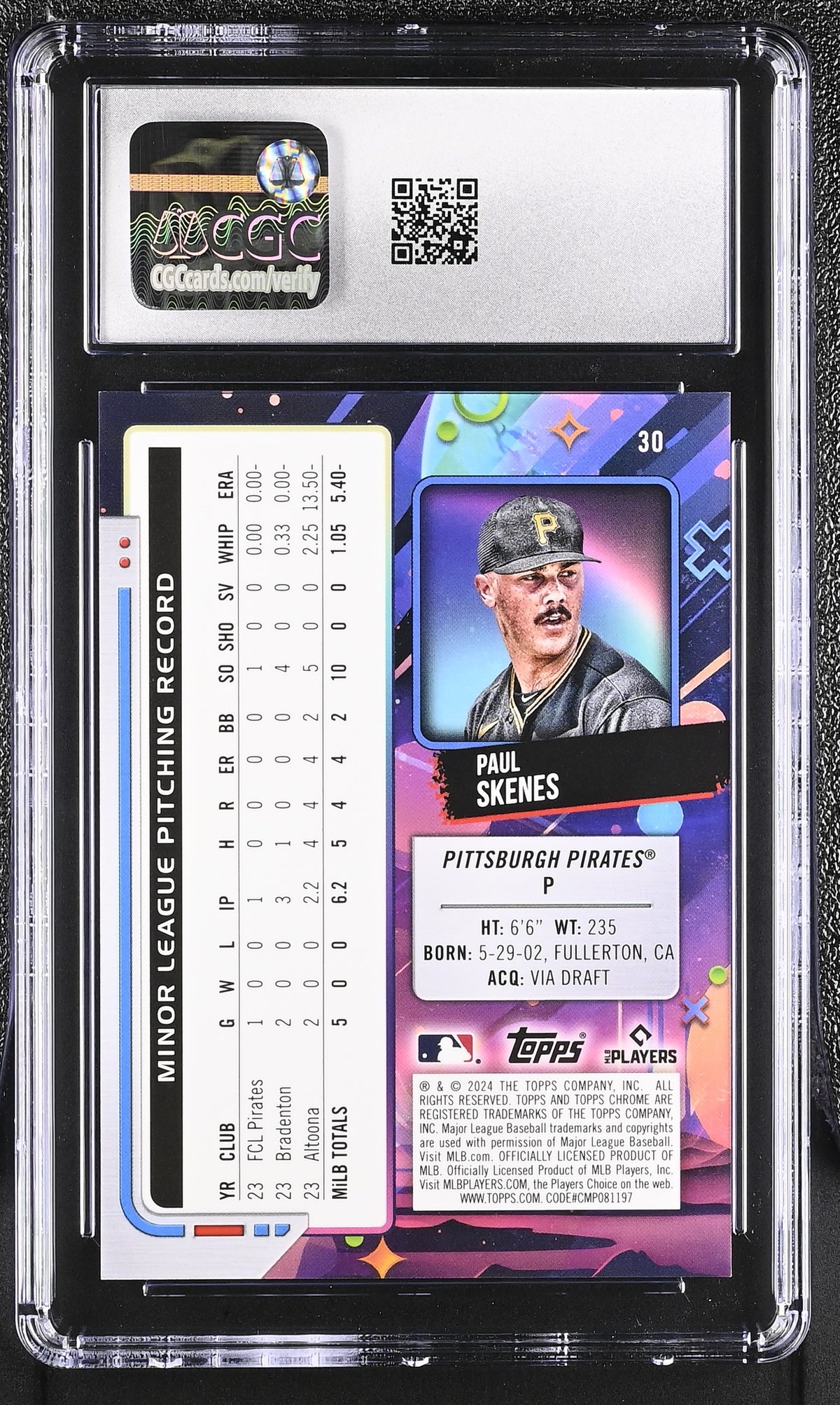 2024 Topps Cosmic Chrome Paul Skenes Orange Lunar Refractor RC #30 CGC 10