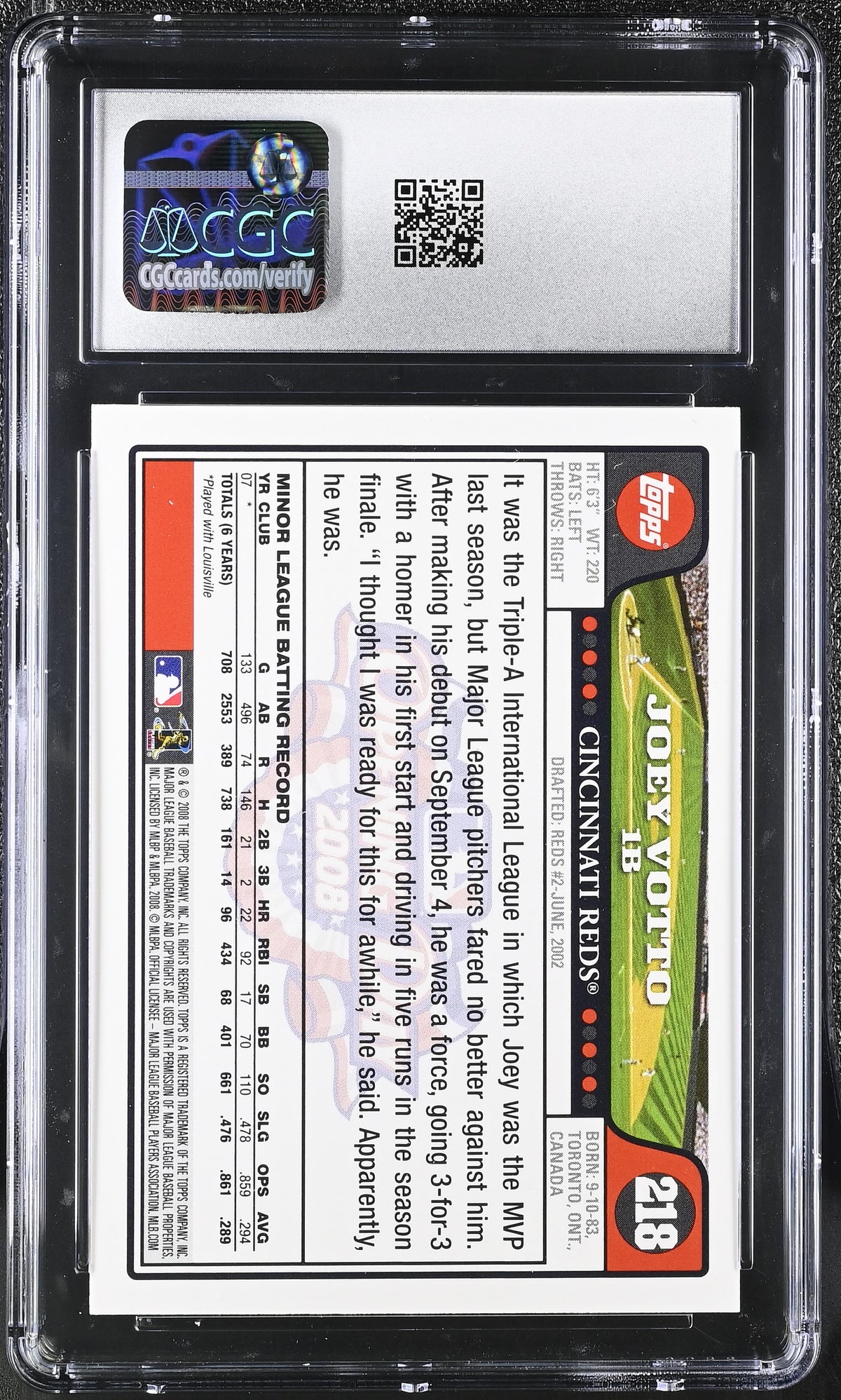 2008 Topps Opening Day Joey Votto #218 CGC 10 Cincinnati Reds