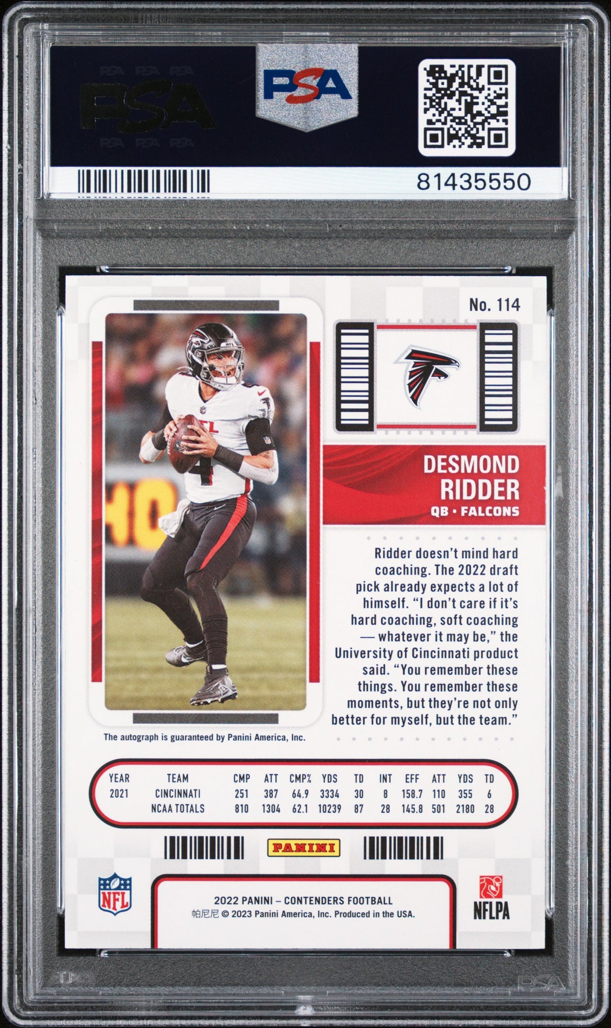 2022 Panini Contenders Desmond Ridder Autograph Rookie #114 PSA 10 Falcons