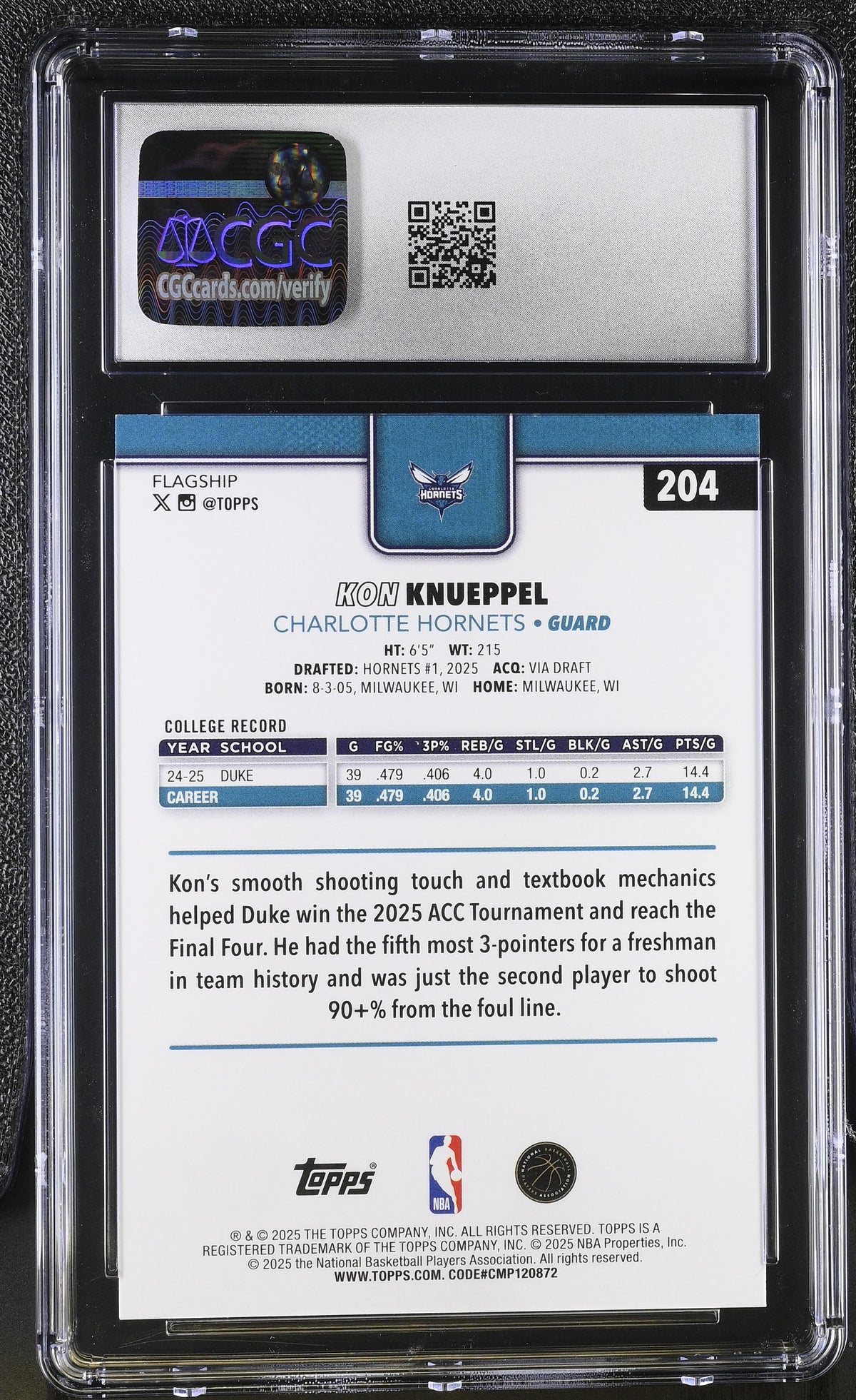 2025-26 Topps Kon Knueppel Rookie #204 CGC 9.5 Charlotte Hornets