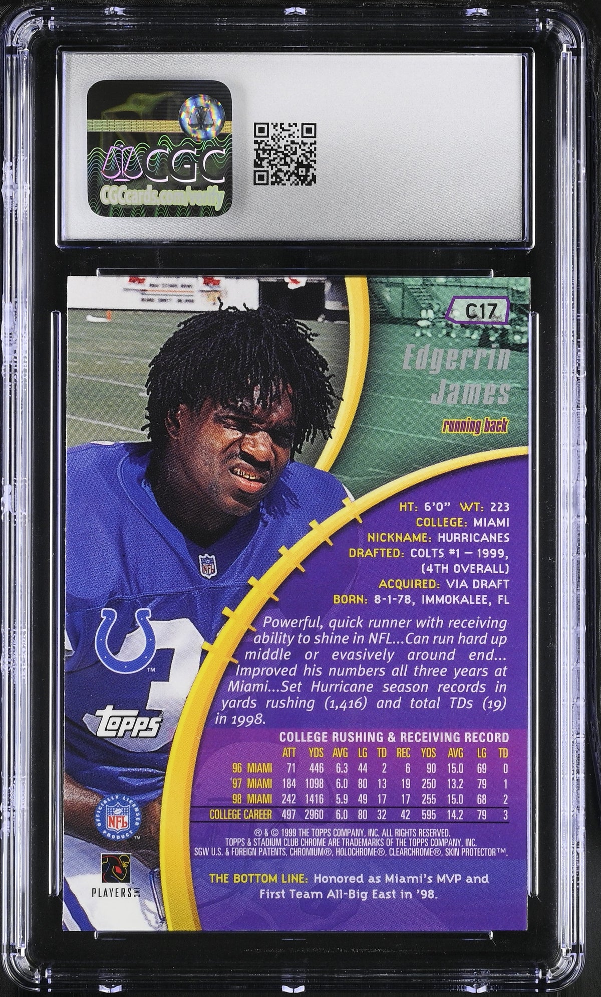 1999 Stadium Club Edgerrin James Chrome Previews #C17 CGC 9 Indianapolis Colts