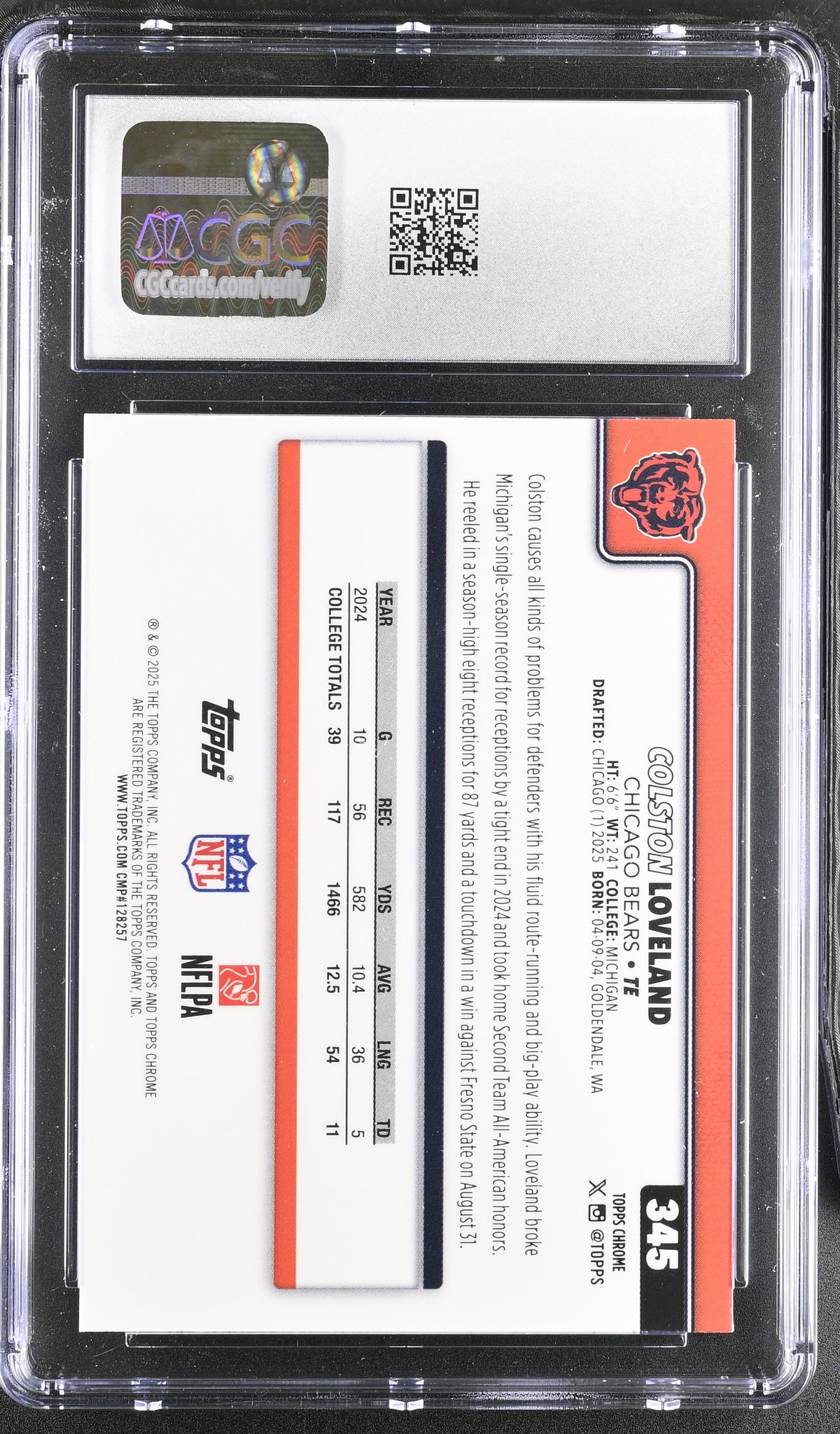 2025 Topps Chrome Colston Loveland Pulsar Refractor Rookie #345 CGC 9.5 Bears