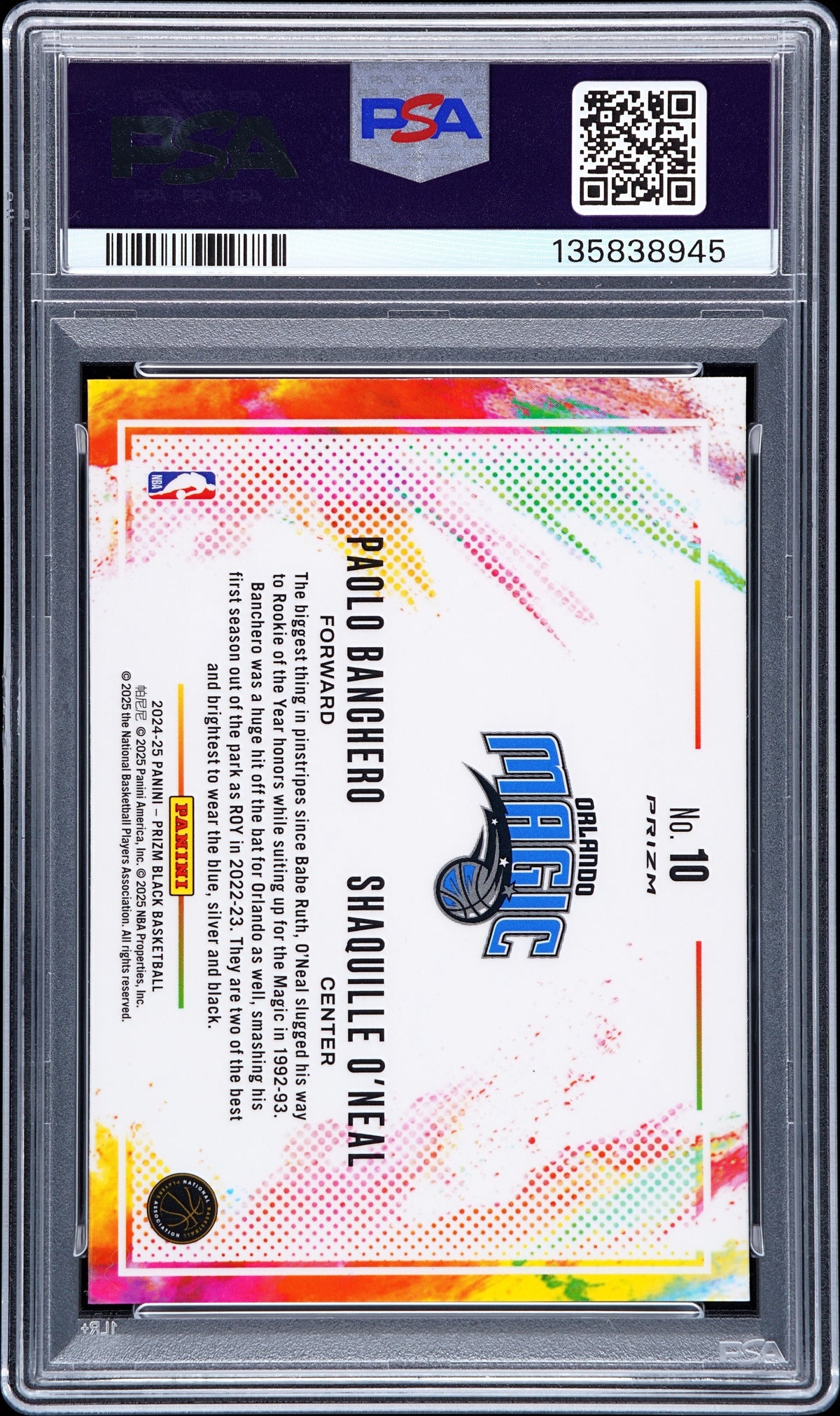 2024 Prizm Black Color Blast Duals Shaquille O'Neal Paolo Banchero PSA 10 Magic