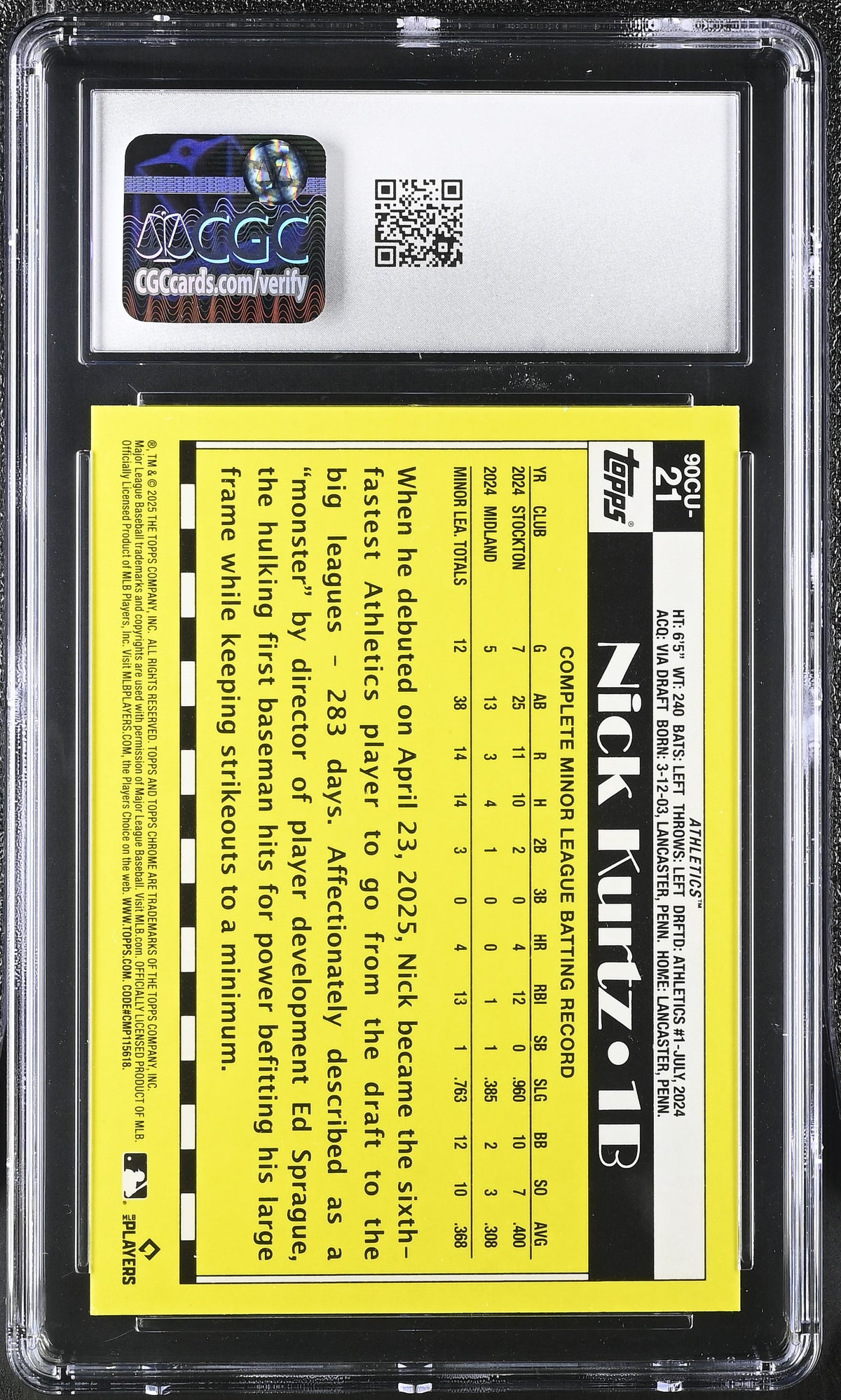 2025 Topps Chrome Update Nick Kurtz Rookie '90 Topps #90CU-21 CGC 9 Athletics