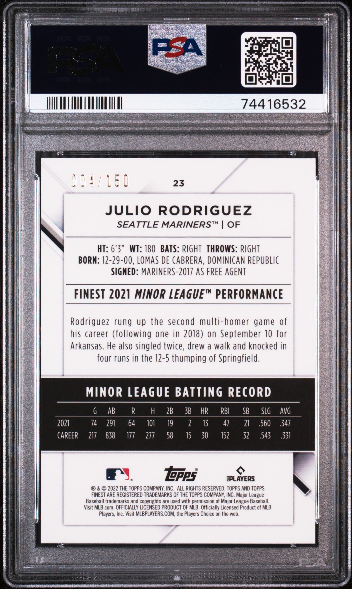 2022 Topps Finest Julio Rodriguez Blue Refractor /150 Rookie #23 PSA 9 Mariners
