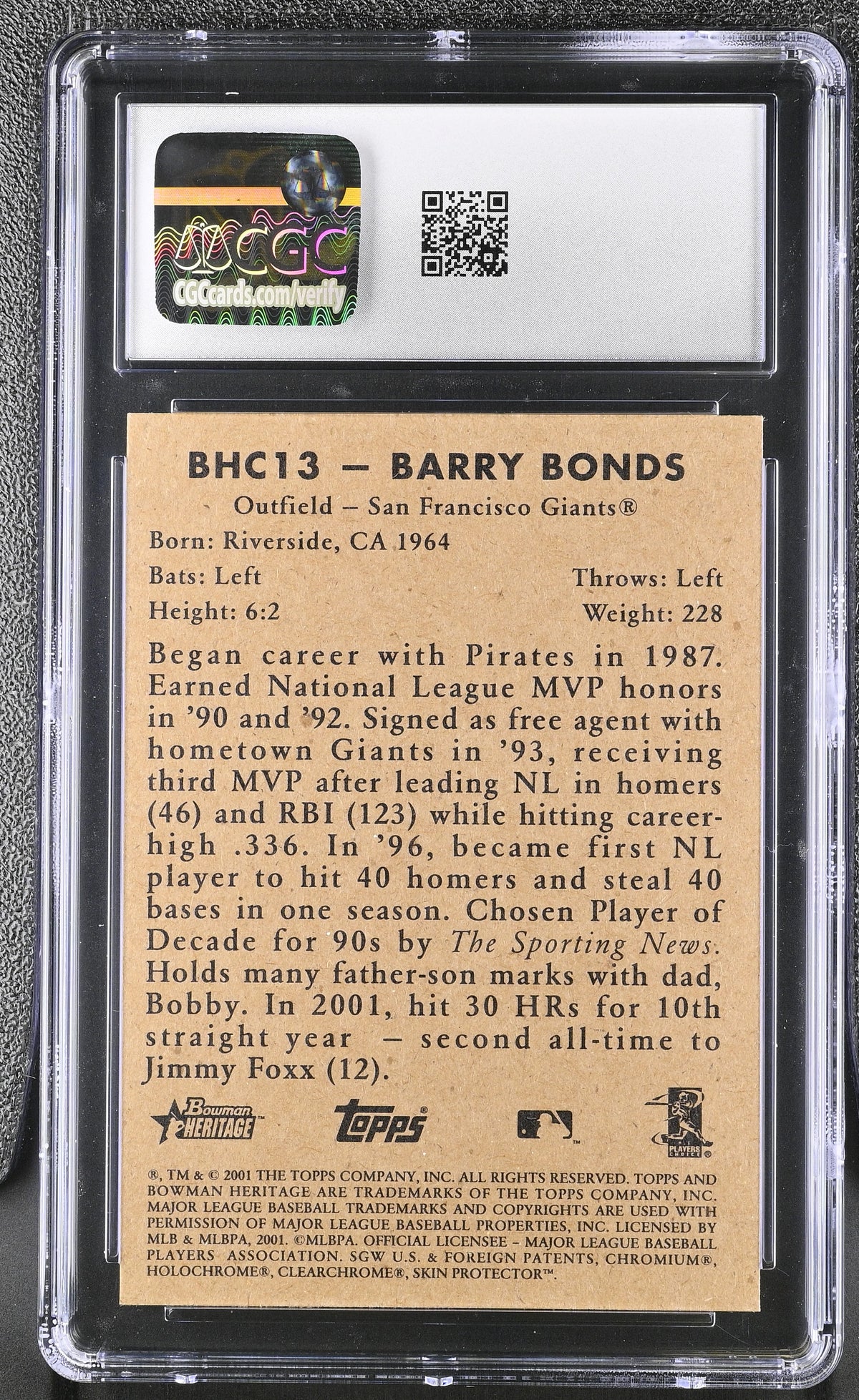 2001 Bowman Heritage Barry Bonds Chrome #BHC13 CGC 9.5 San Francisco Giants