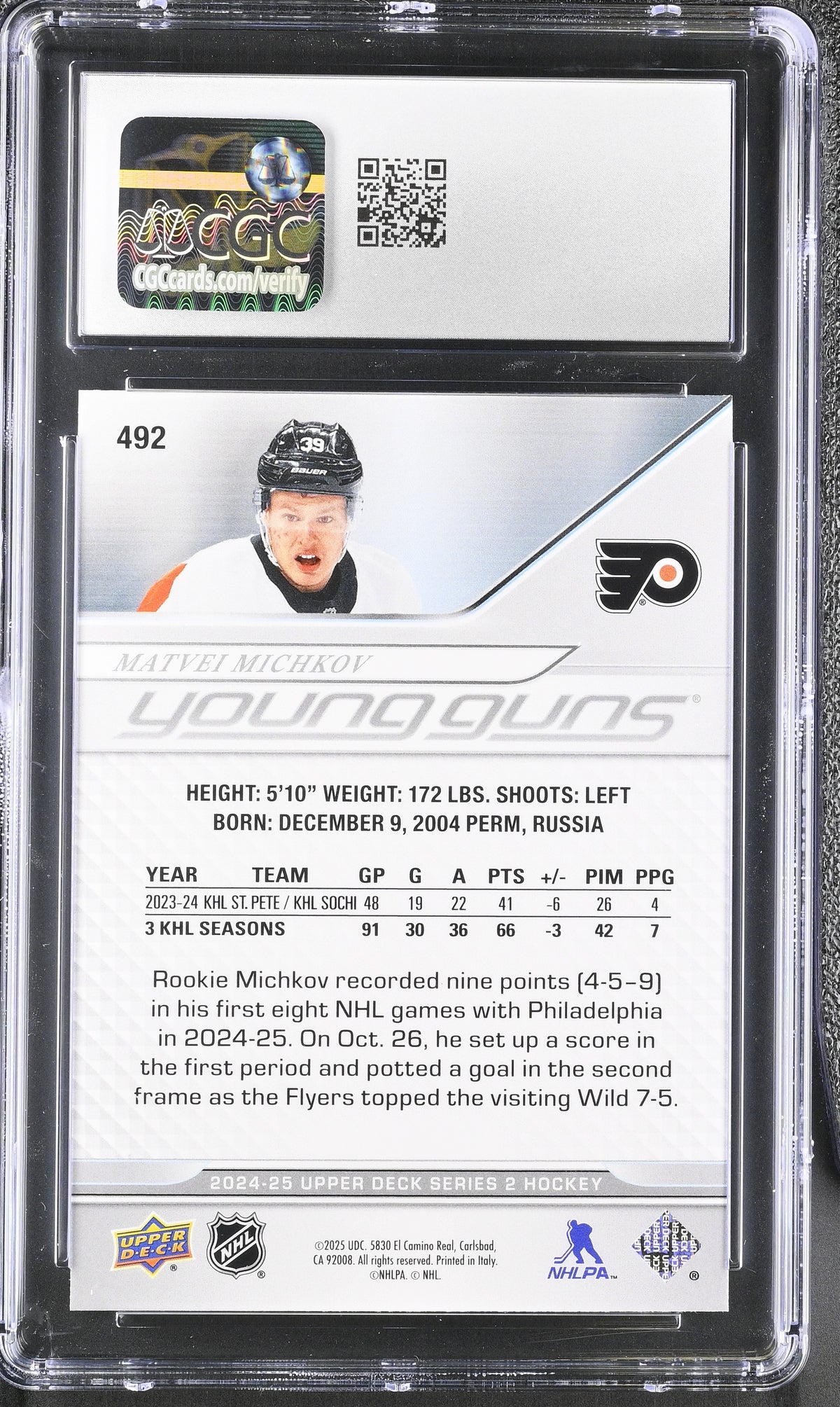 2024-25 Upper Deck Matvei Michkov Young Guns Rookie #492 CGC 10 Flyers