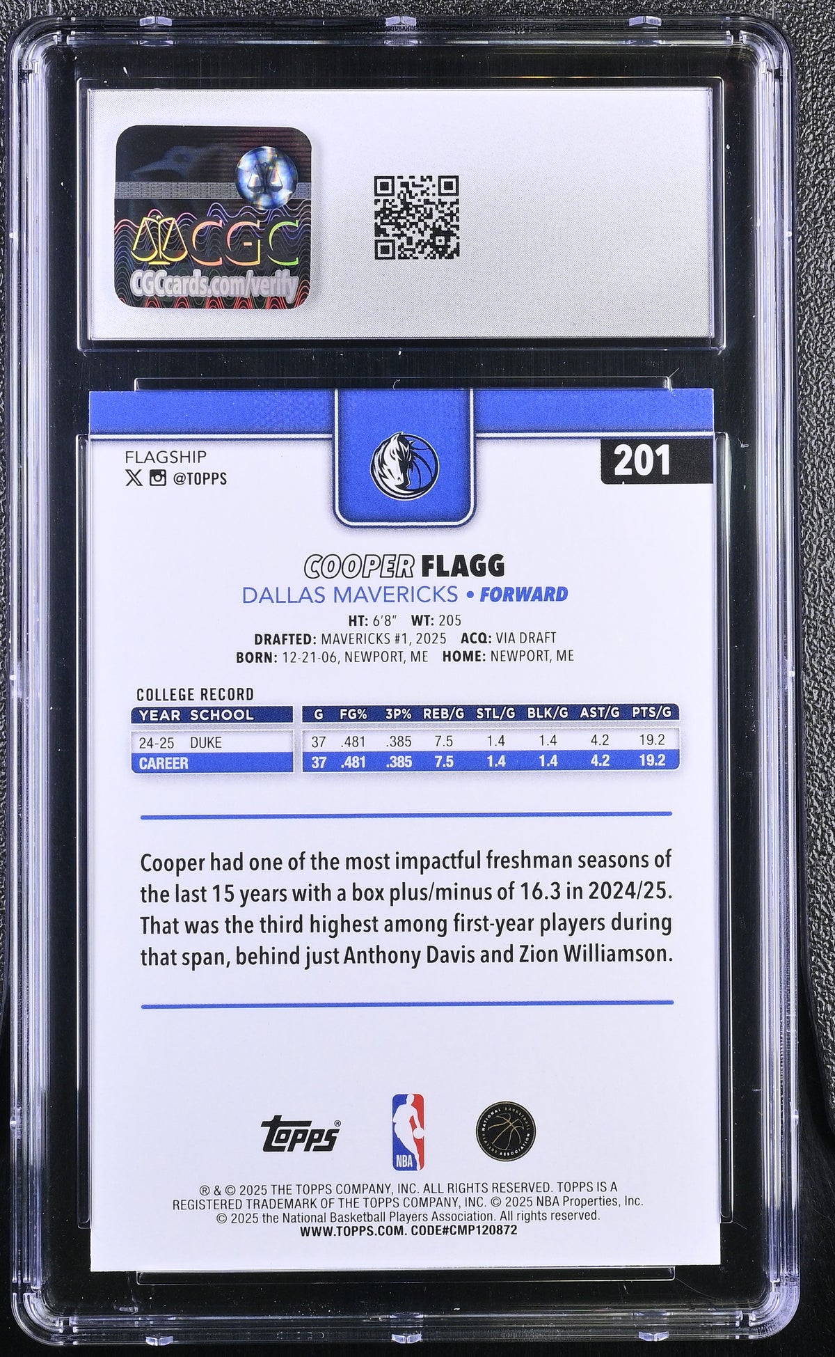2025-26 Topps Cooper Flagg Rookie #201 CGC 10 Philadelphia 76ers