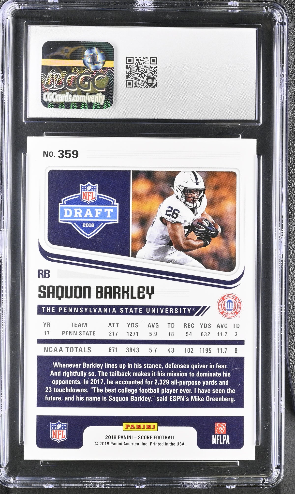 2018 Score Saquon Barkley Rookie #359 CGC 10 Penn State Nittany Lions