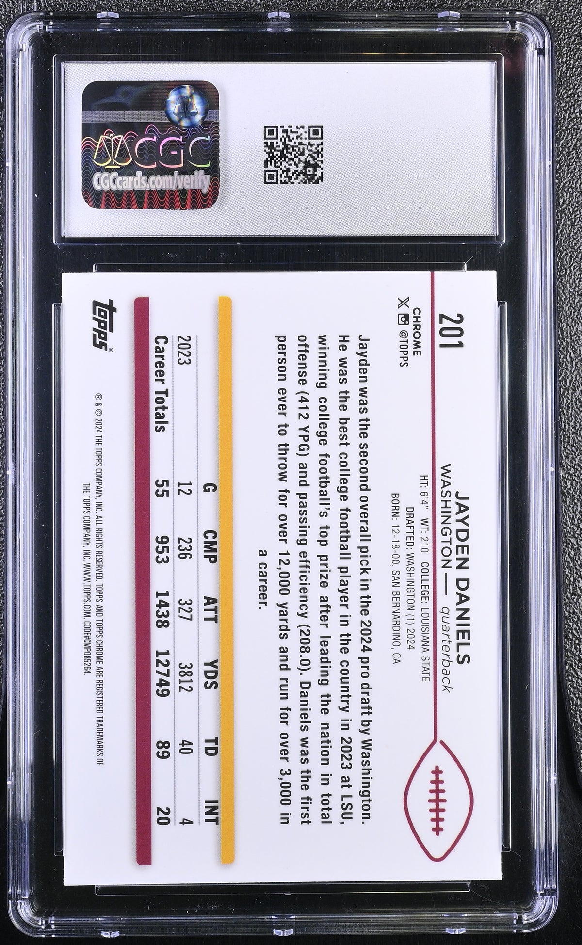 2024 Topps Chrome Jayden Daniels Rookie #201 CGC 10 Washington Commanders