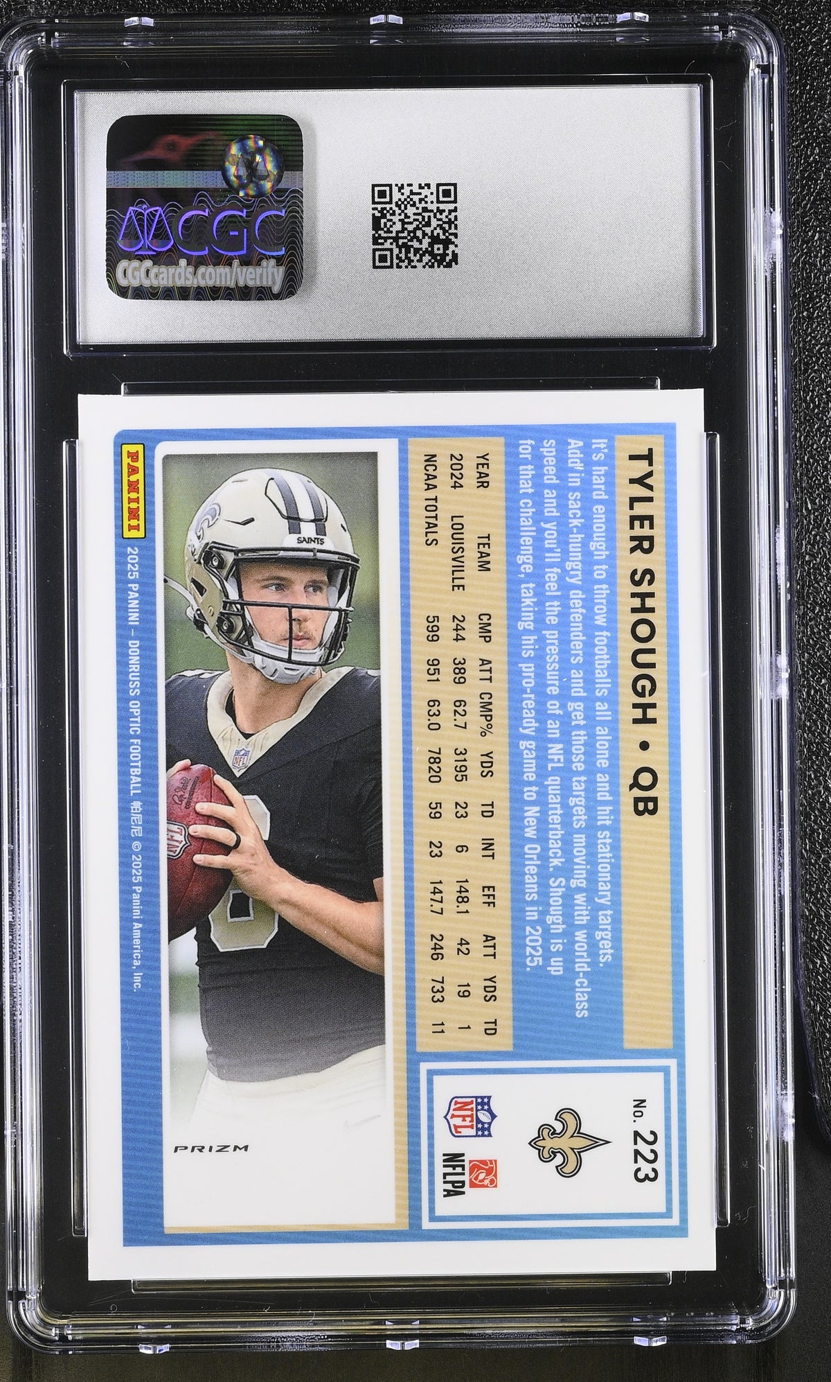 2025 Donruss Optic Tyler Shough Purple Shock Rookie #223 CGC 9.5 Saints
