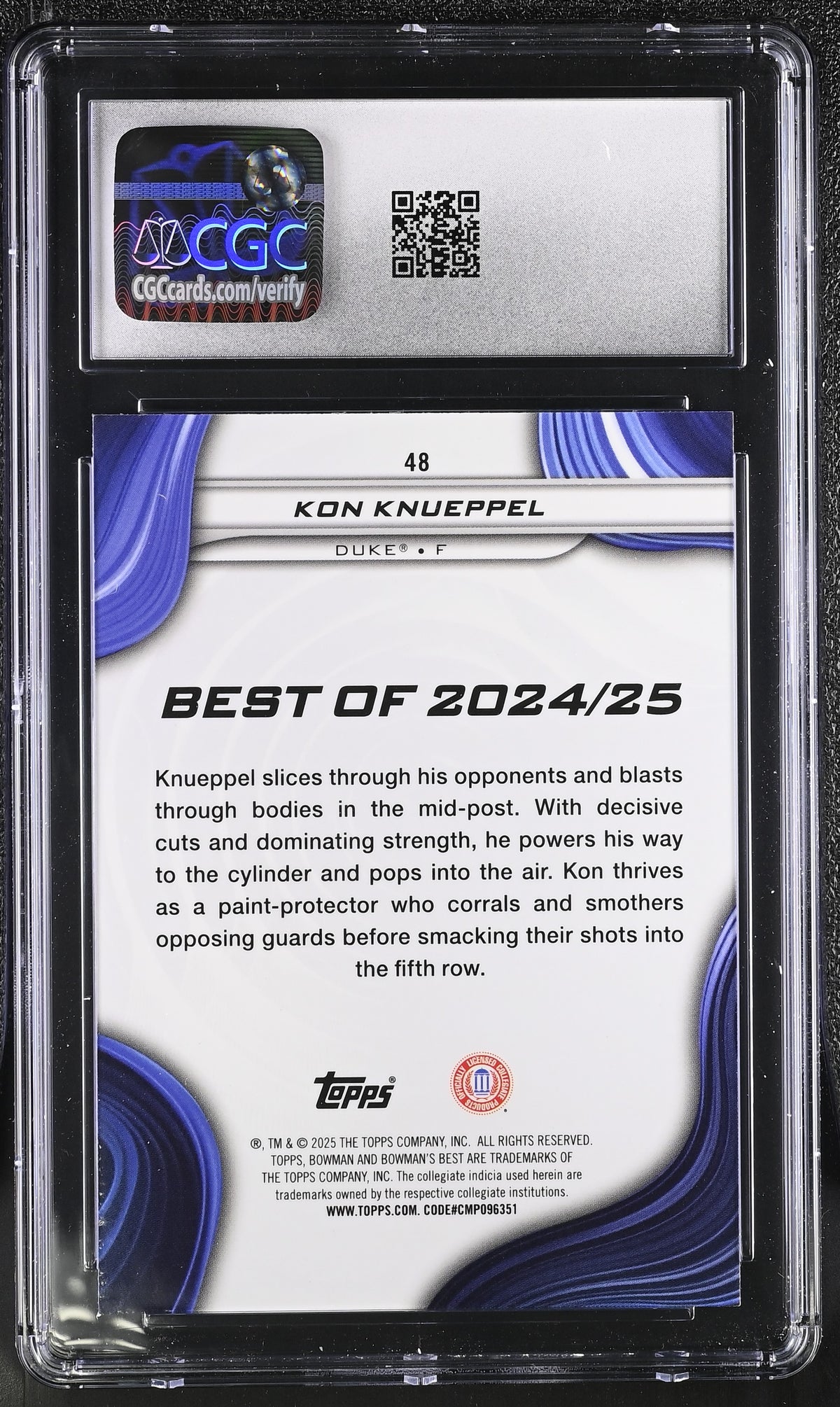 2024-25 Bowman University Best Kon Knueppel Purple /250 Rookie #48 CGC 10 Duke
