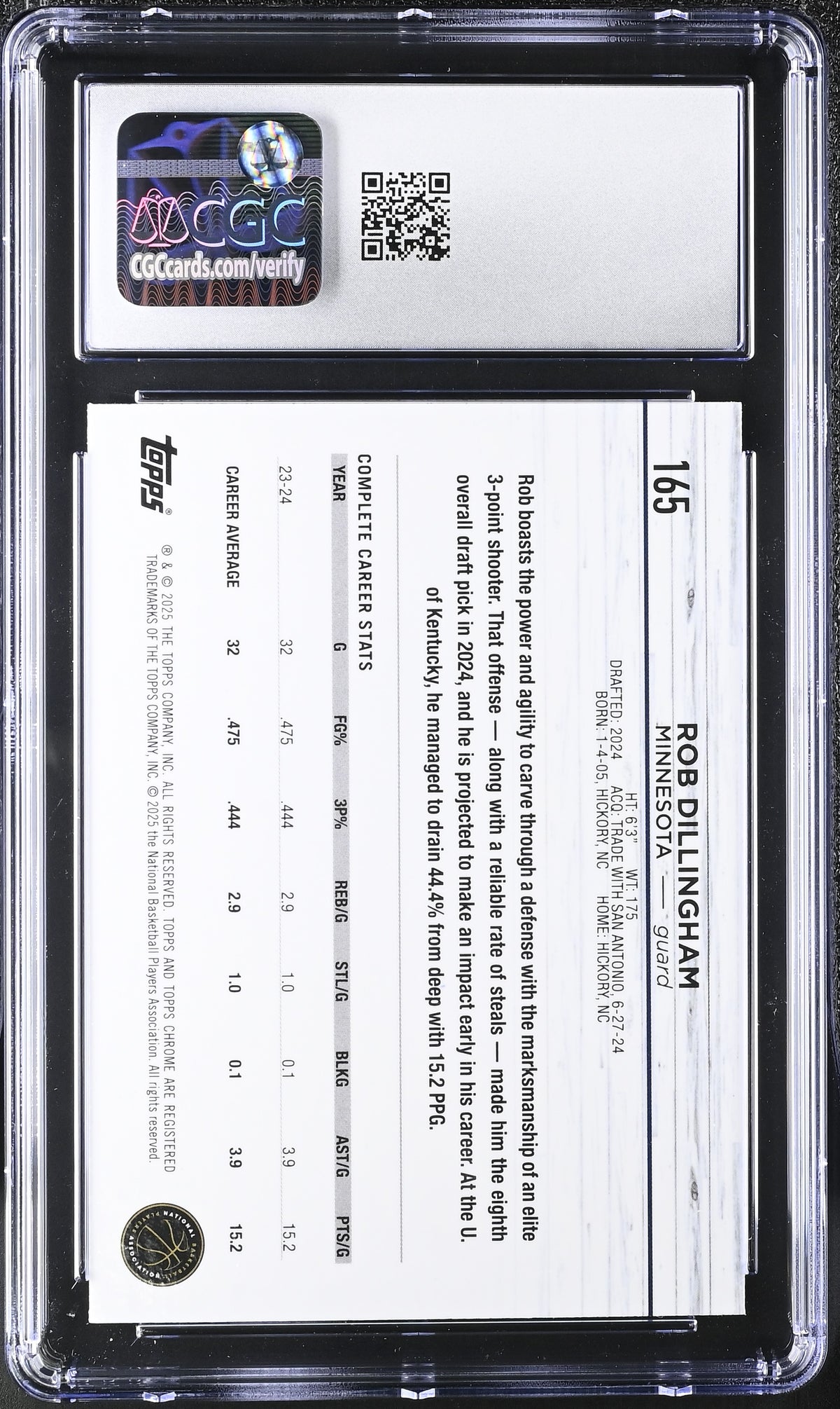 2024-25 Topps Chrome Sapphire Rob Dillingham Rookie #165 CGC 10 Timberwolves