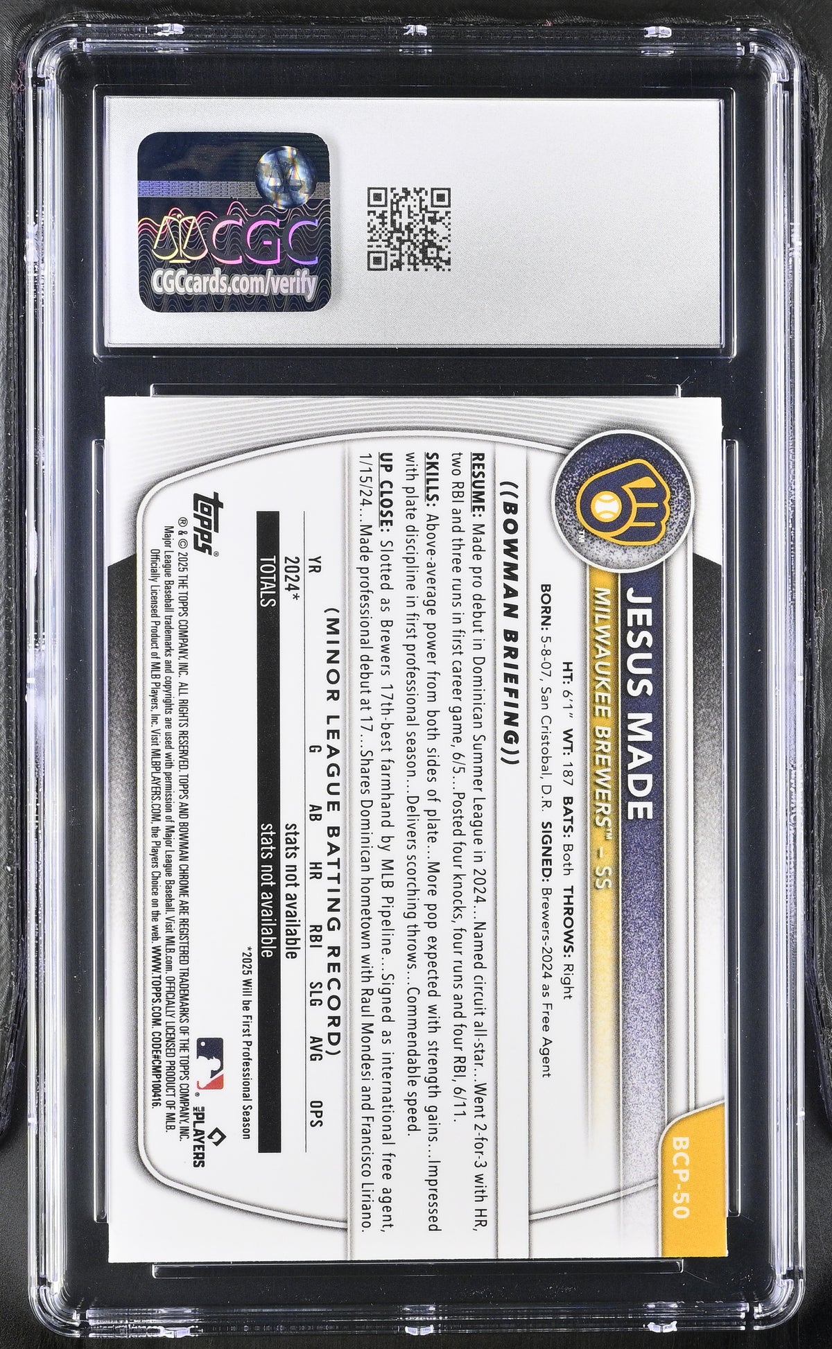 2025 Bowman Jesus Made Rookie Chrome Prospects #BCP-50 CGC 10 Milwaukee Brewers
