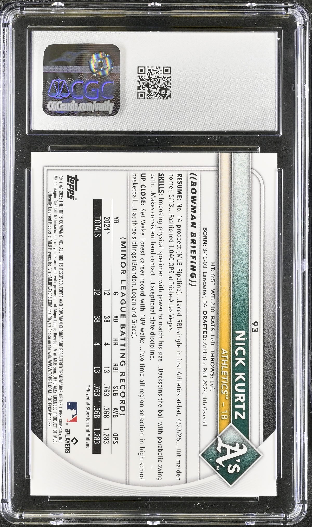 2025 Bowman Chrome Mega Box Nick Kurtz Rookie #93 CGC 10 Oakland Athletics