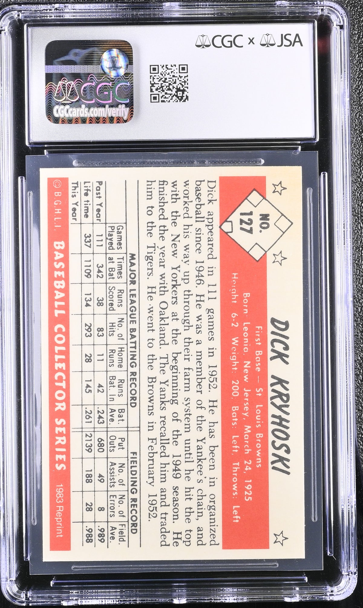 1983 C.C.C. Dick Kryhoski '53 Bowman Color Reprints #127 CGC Authentic JSA