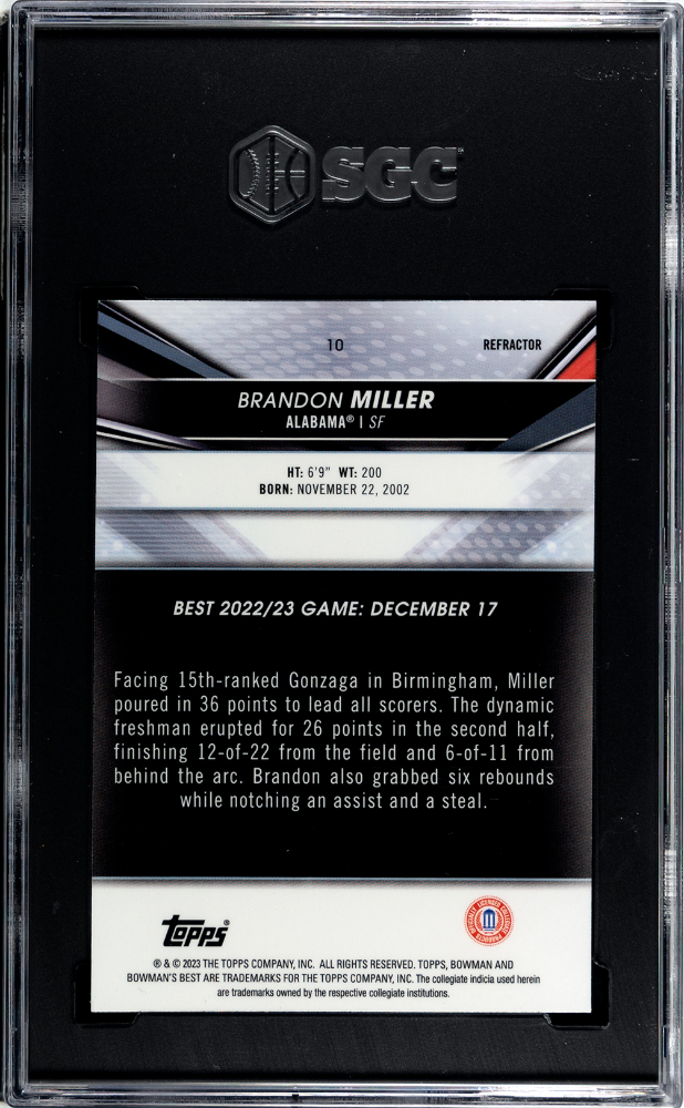 2022 Bowman University Best Brandon Miller Refractor #10 SGC 9.5